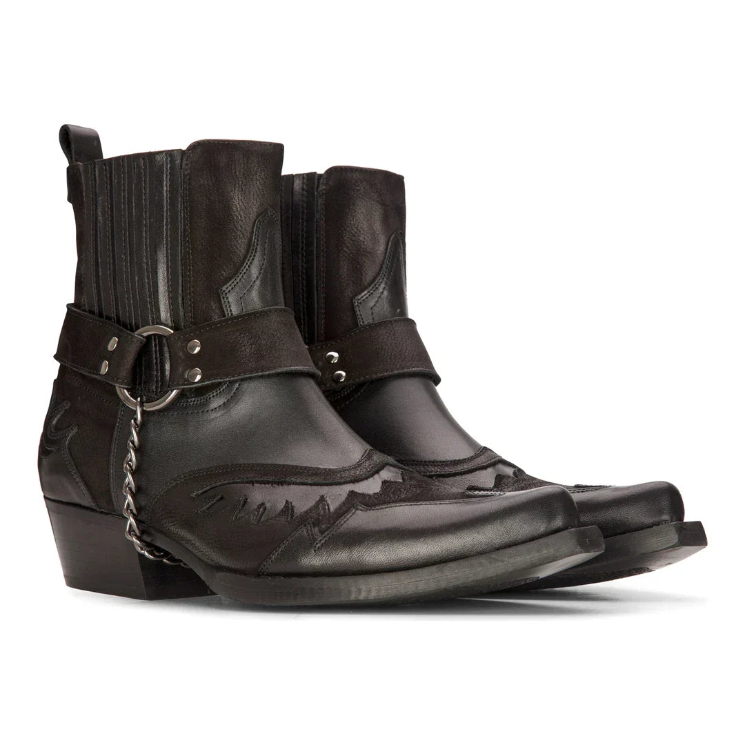 Mens Western Black Cowboy Boots Vintage Pointed Knight Ankle Country Boot Riding Real Leather