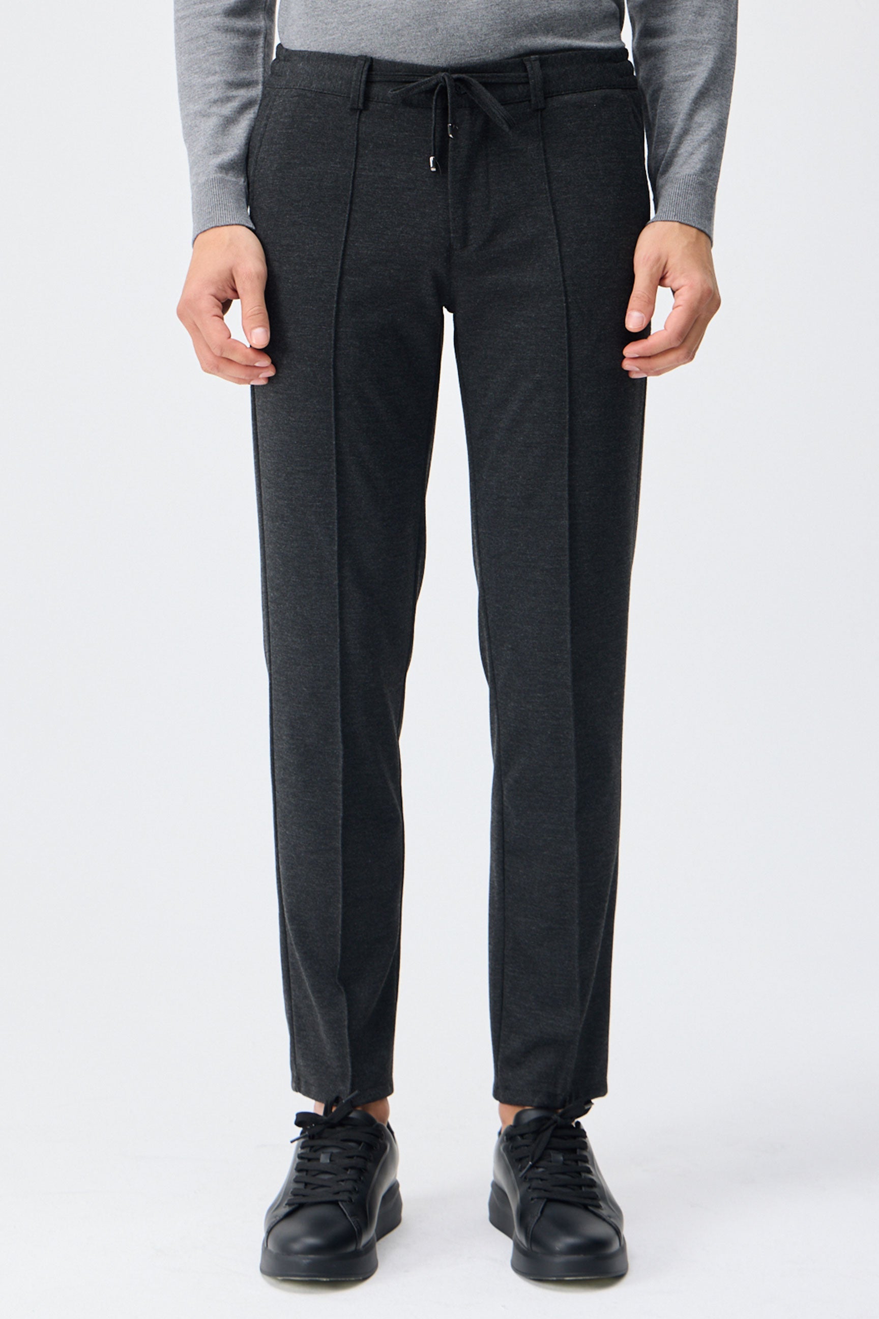 Men’s Taupe Charcoal Smart Drawstring Trousers Tailored Tapered Fit