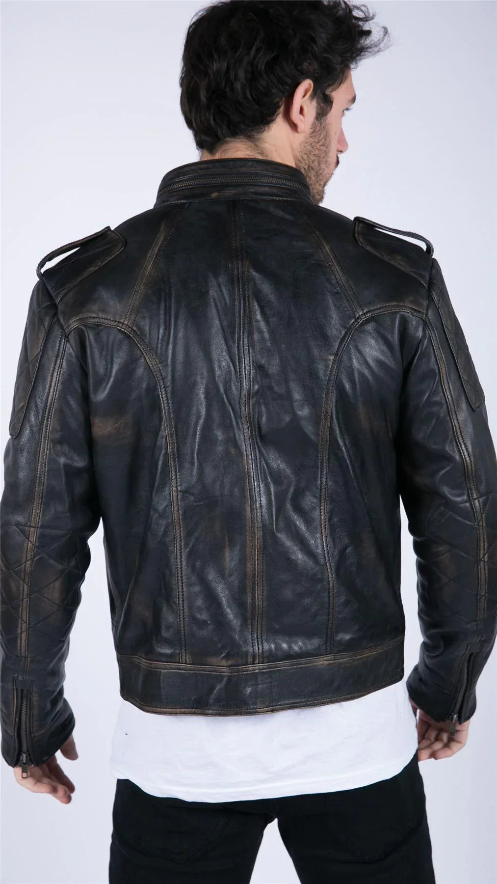 Mens Retro Real Leather Black Brown Washed Racer Jacket Biker Zipped Slim