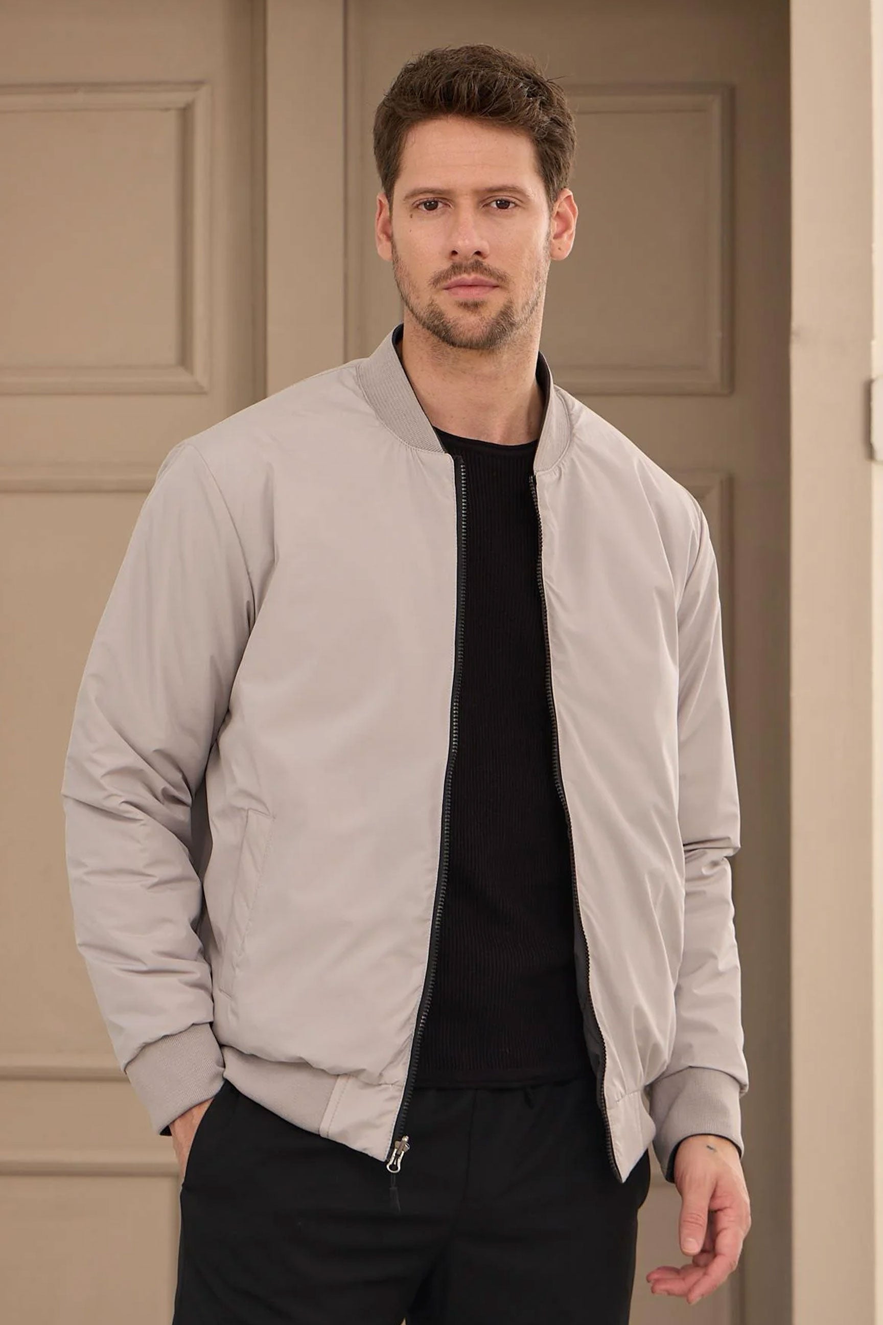 Men’s Black & Beige Reversible Bomber Lightweight Quilted 2-in-1 Jacket