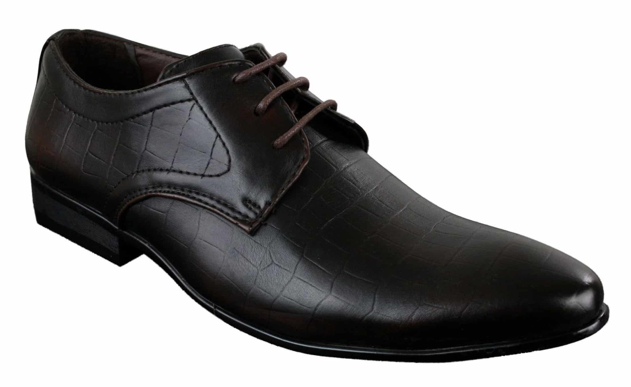 Mens Black Tan Brown Crocodile Snake PU Leather Shoes Laced Smart Formal Pointed