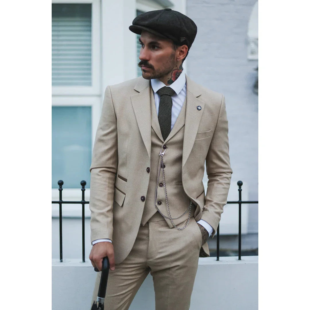 AK-08 Men's 3-Piece Cream Prince Of Wales Check Suit