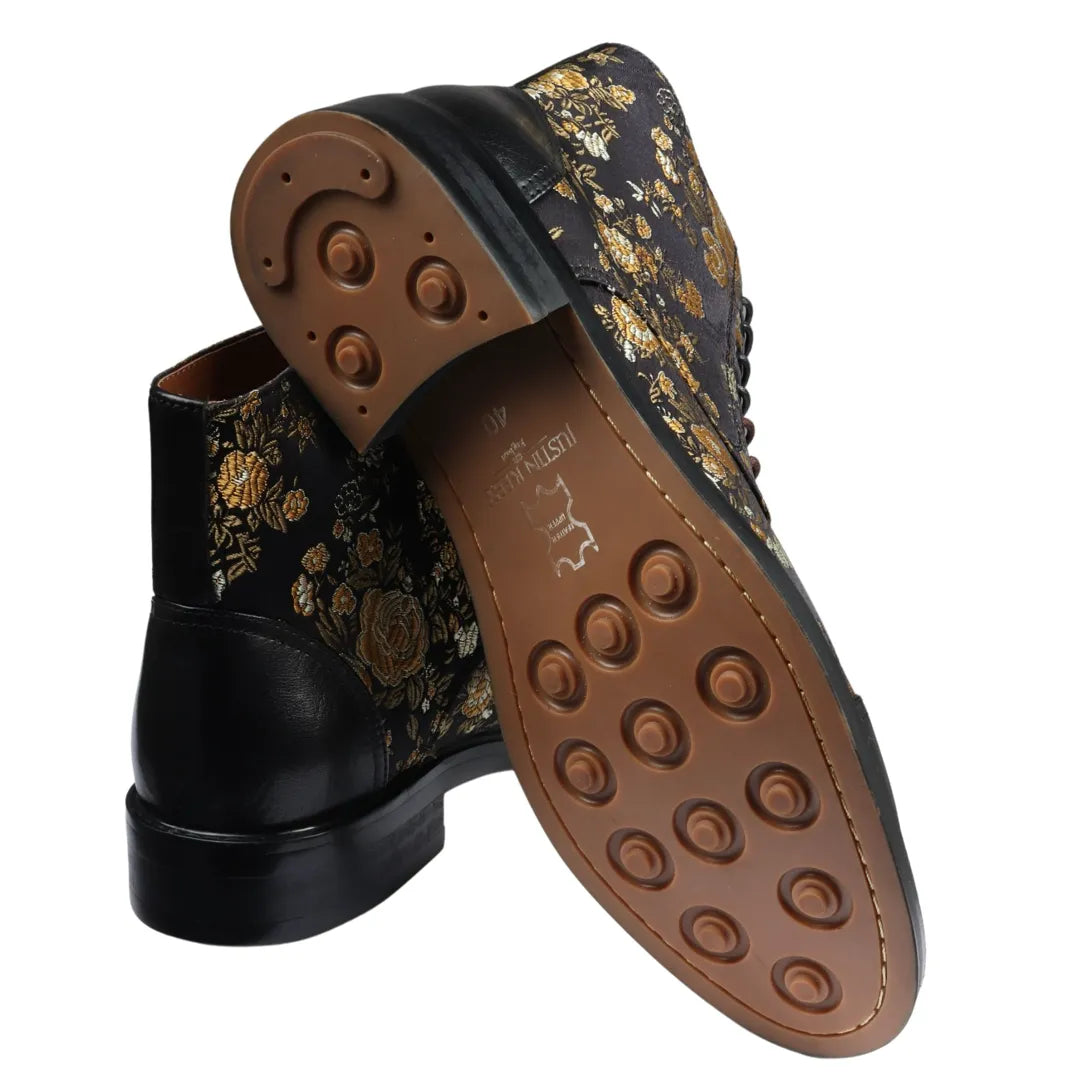 Adam- Men's Floral Print Leather Oxford Ankle Black Boots