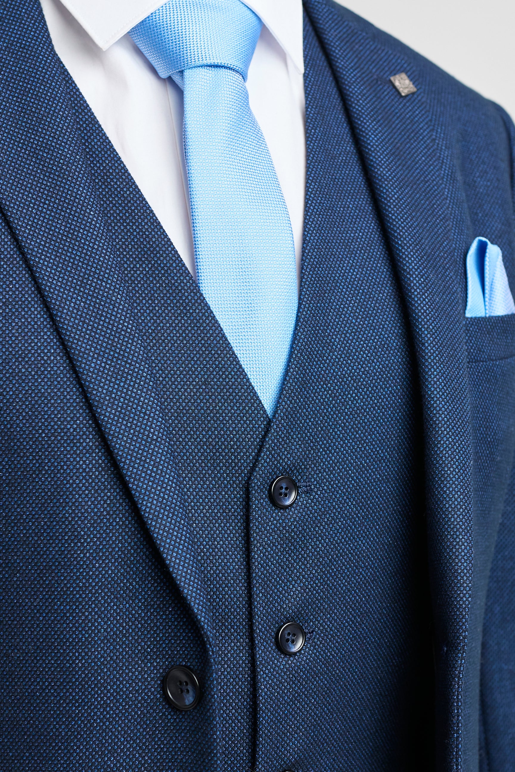 Mens Navy Blue 3 Piece Suit Birdseye Suit Wedding Prom Formal Smart Classic