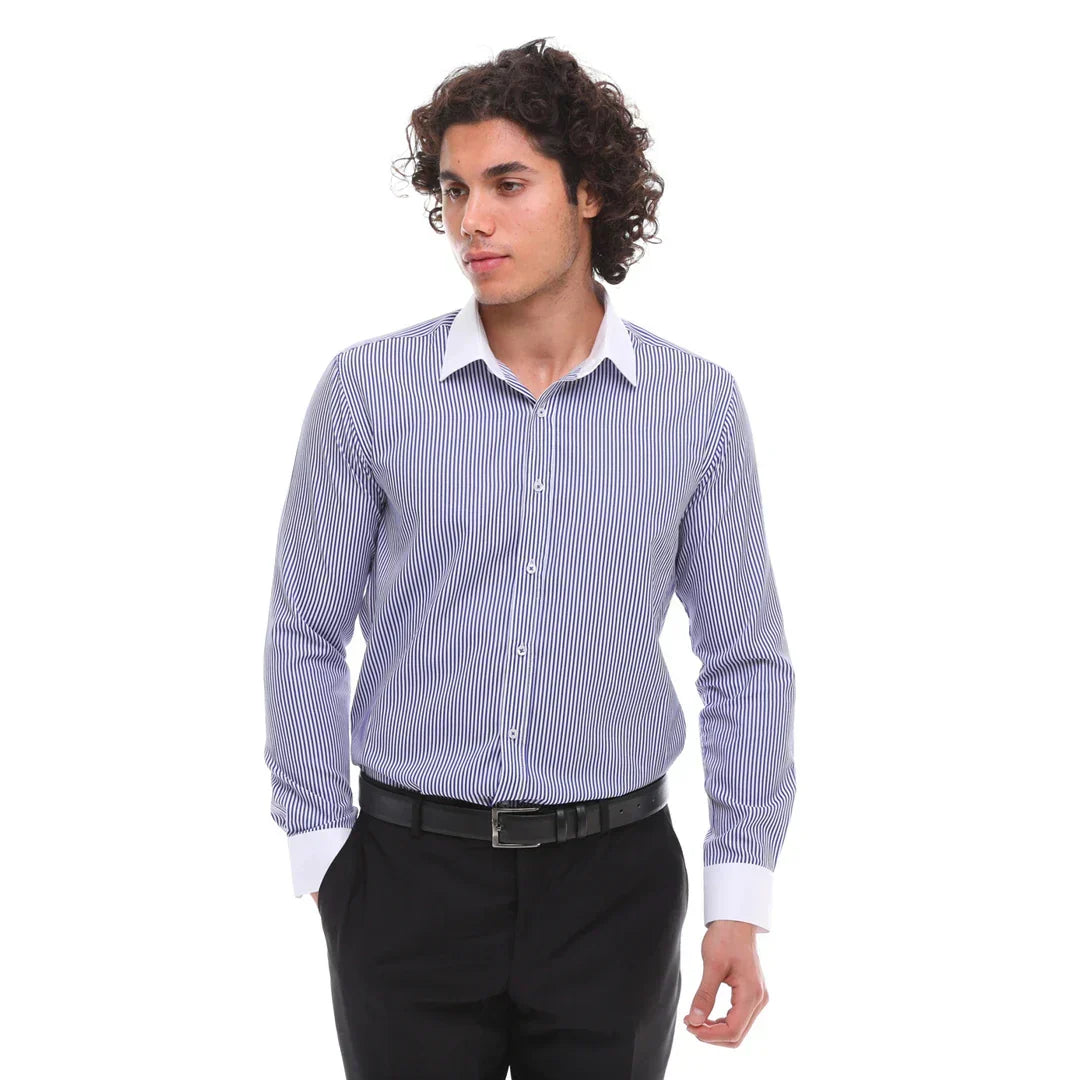 Men's Button Down Stripe Dress Shirt Formal Classic Collar - Blue
