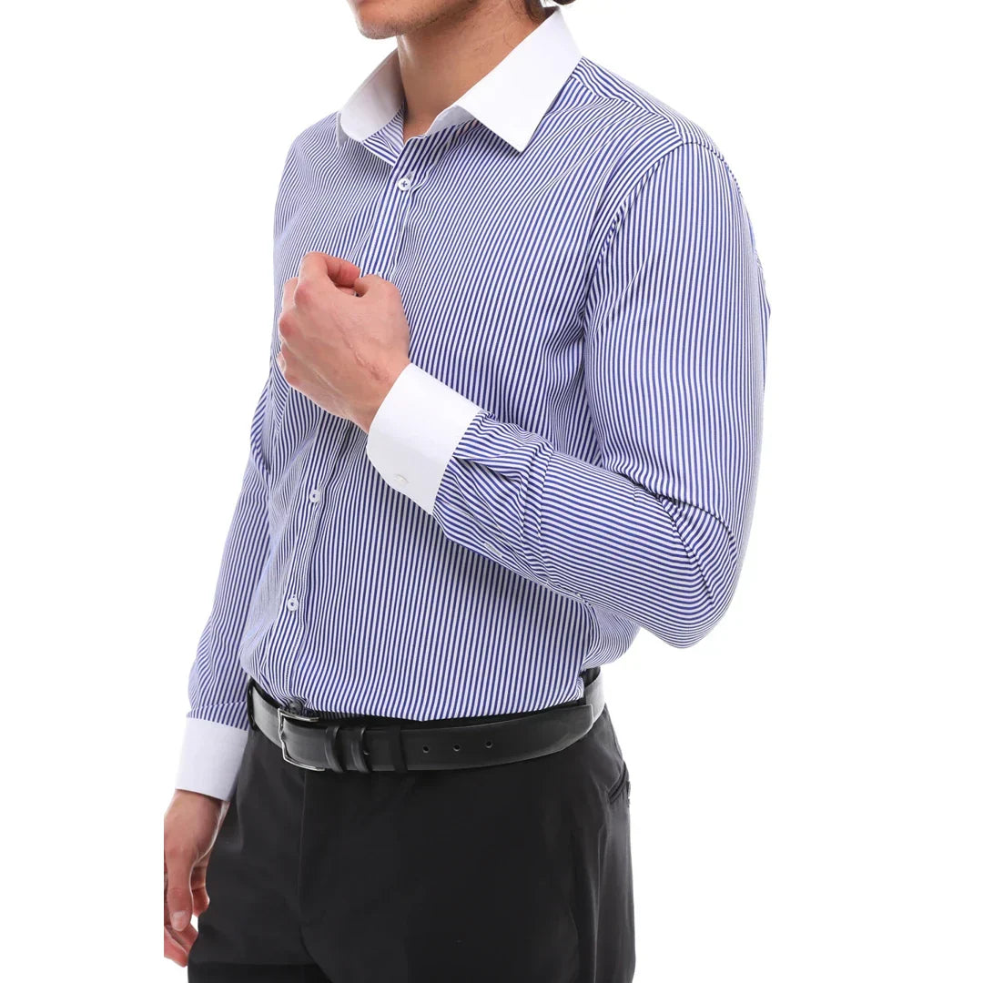 Men's Button Down Stripe Dress Shirt Formal Classic Collar - Blue