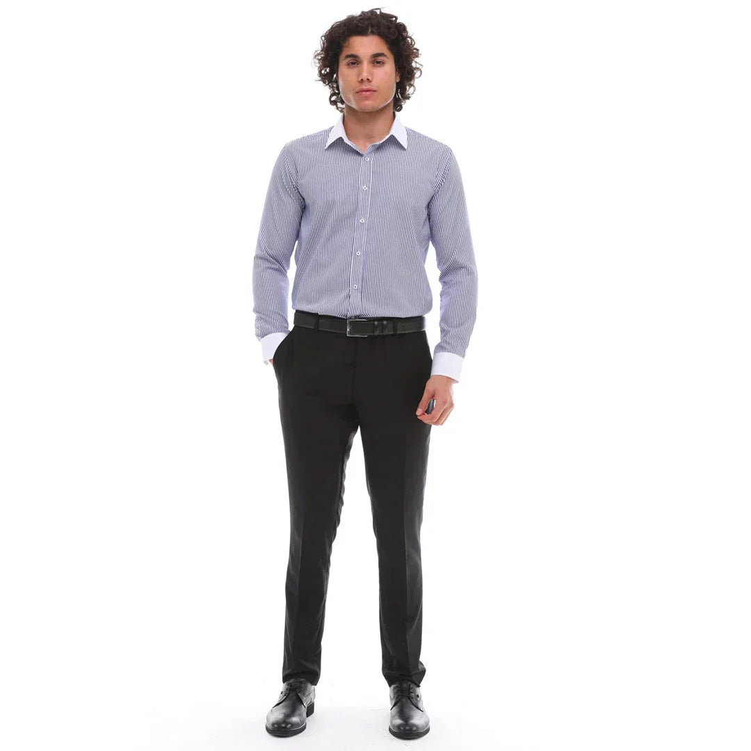 Men's Button Down Stripe Dress Shirt Formal Classic Collar - Blue