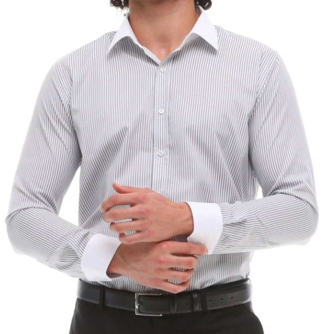 Men's Button Down Stripe Dress Shirt Formal Classic Collar - Grey