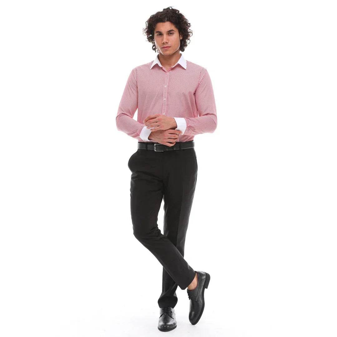 Men's Button Down Stripe Dress Shirt Formal Classic Collar - Red