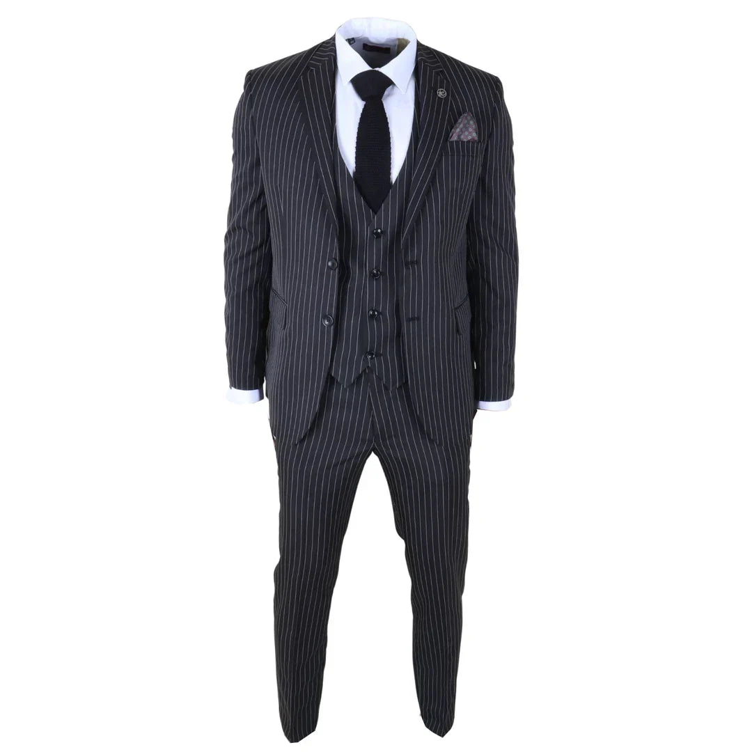 IM45 - Men's Pinstripe 3 Piece Black Suit Mafia Style
