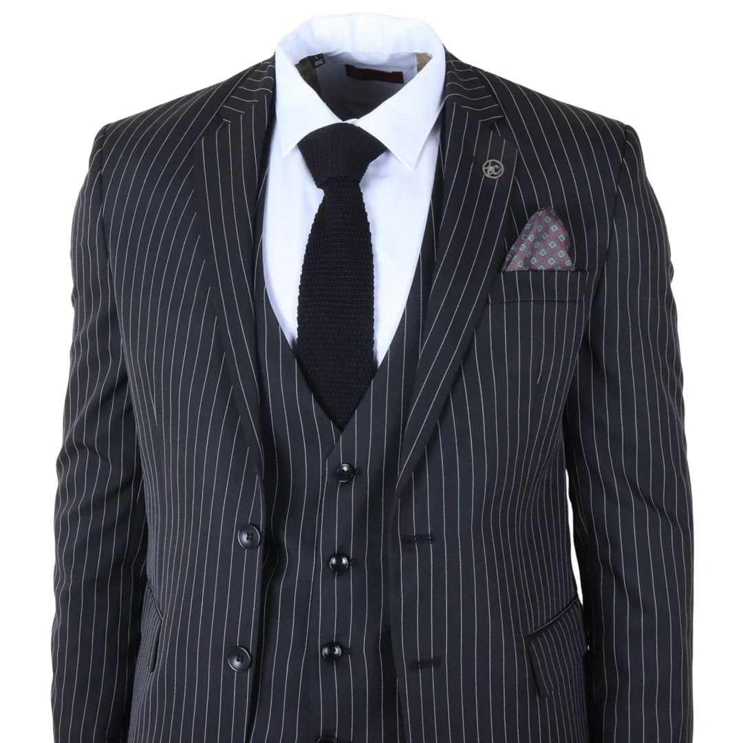 IM45 - Men's Pinstripe 3 Piece Black Suit Mafia Style