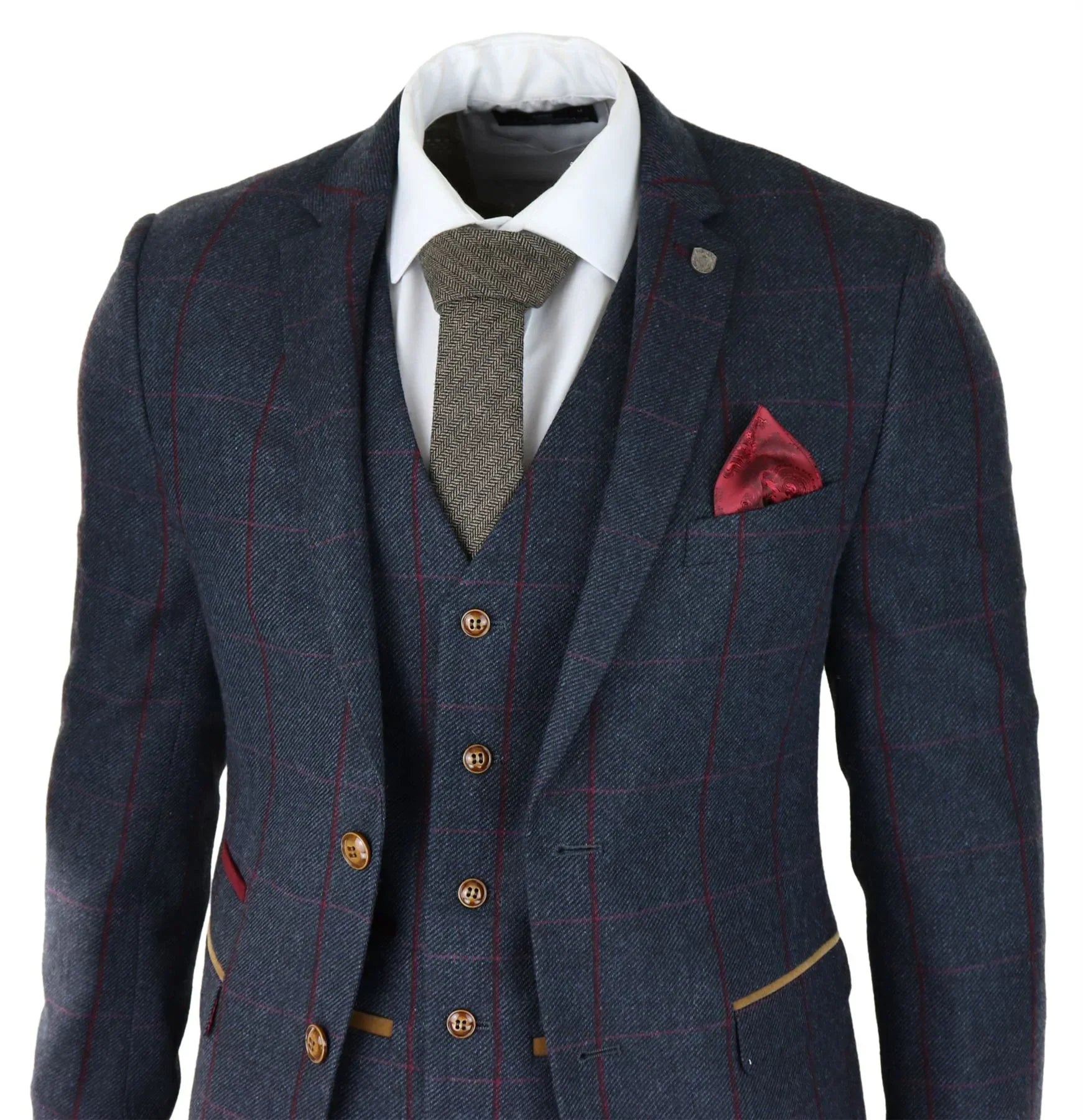 Mens Herringbone Tweed 3 Piece Navy Red Check Suit Vintage 1920s Tailored Fit