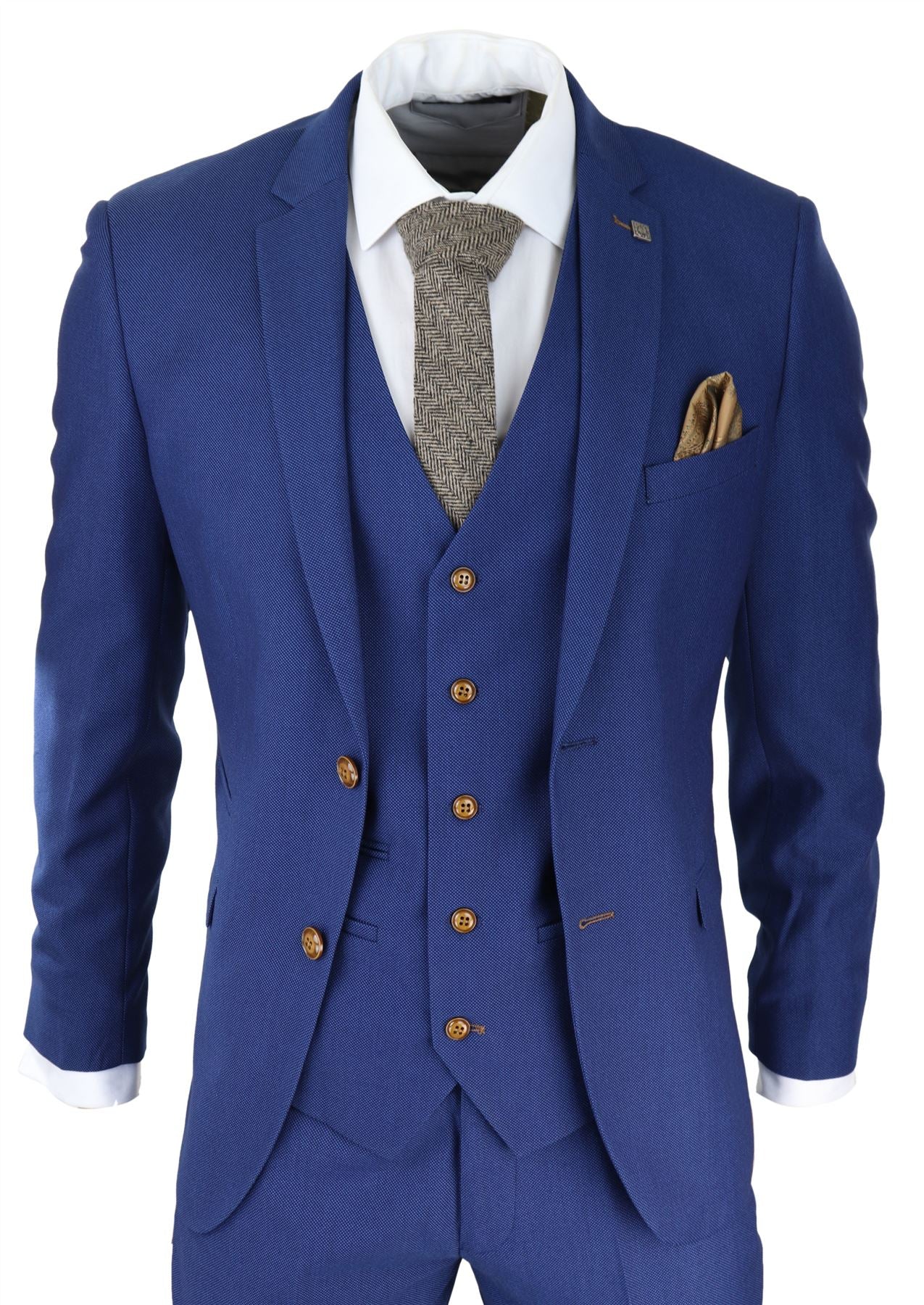 Mens Royal Blue 3 piece Suit Brown Trim Classic Birdseye Vintage Wedding Grooms