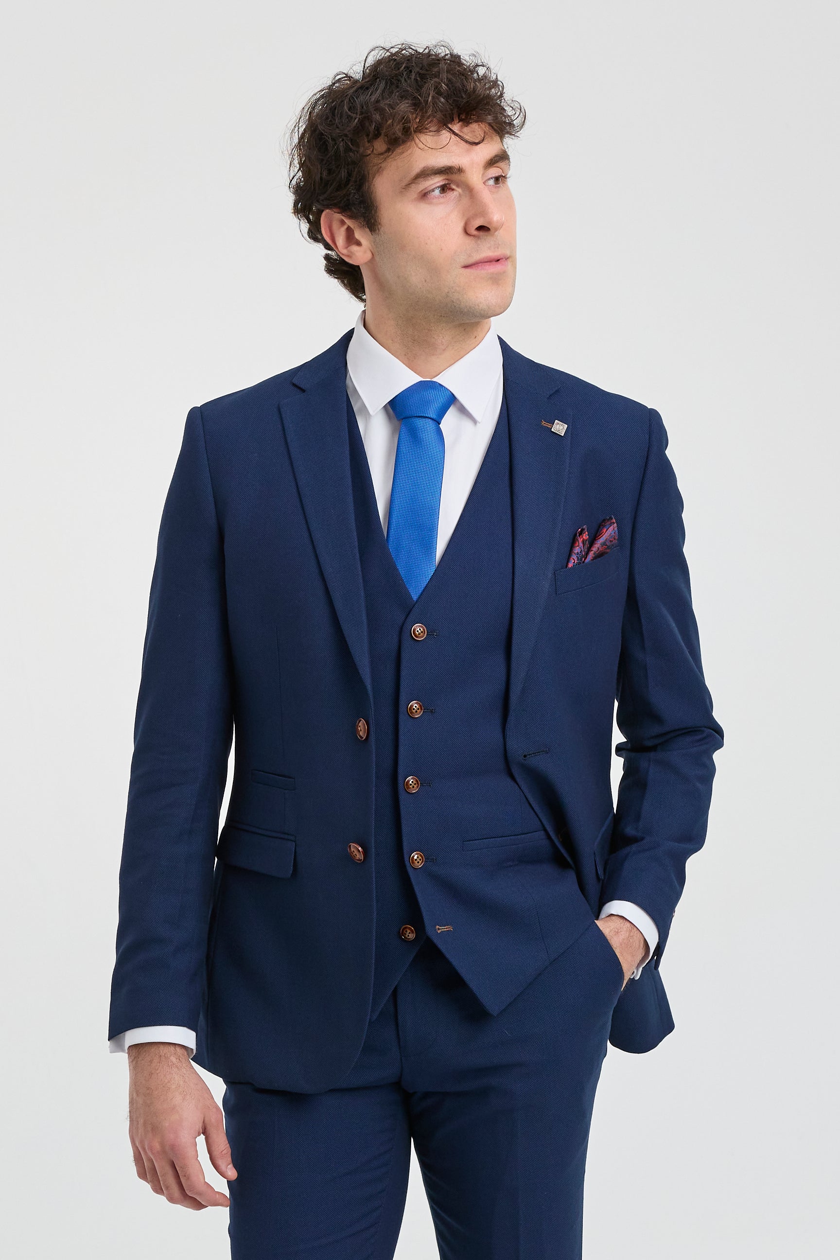 Mens Navy 3 piece Suit Brown Trim Classic Birdseye Vintage Wedding Grooms
