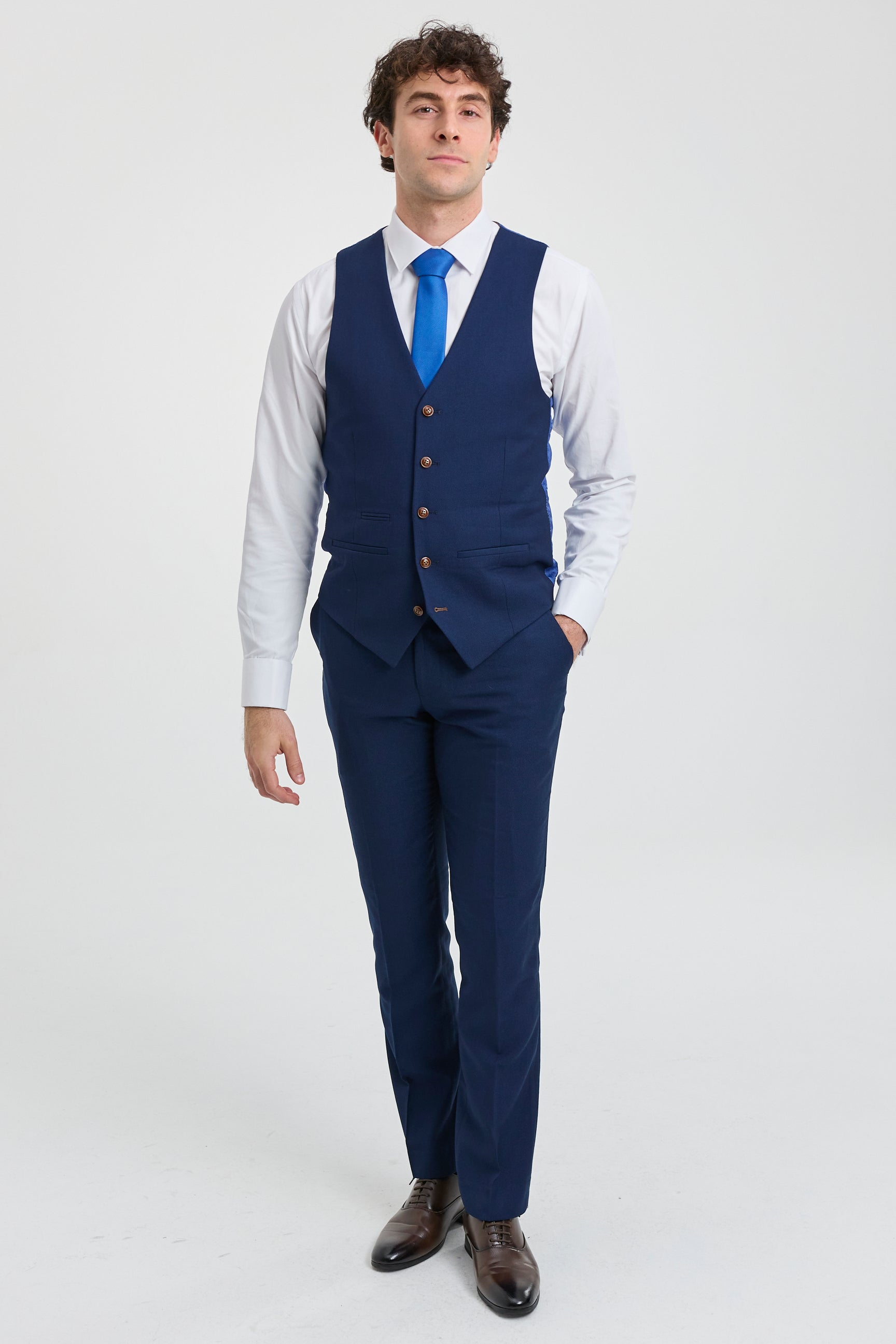 Mens Navy 3 piece Suit Brown Trim Classic Birdseye Vintage Wedding Grooms