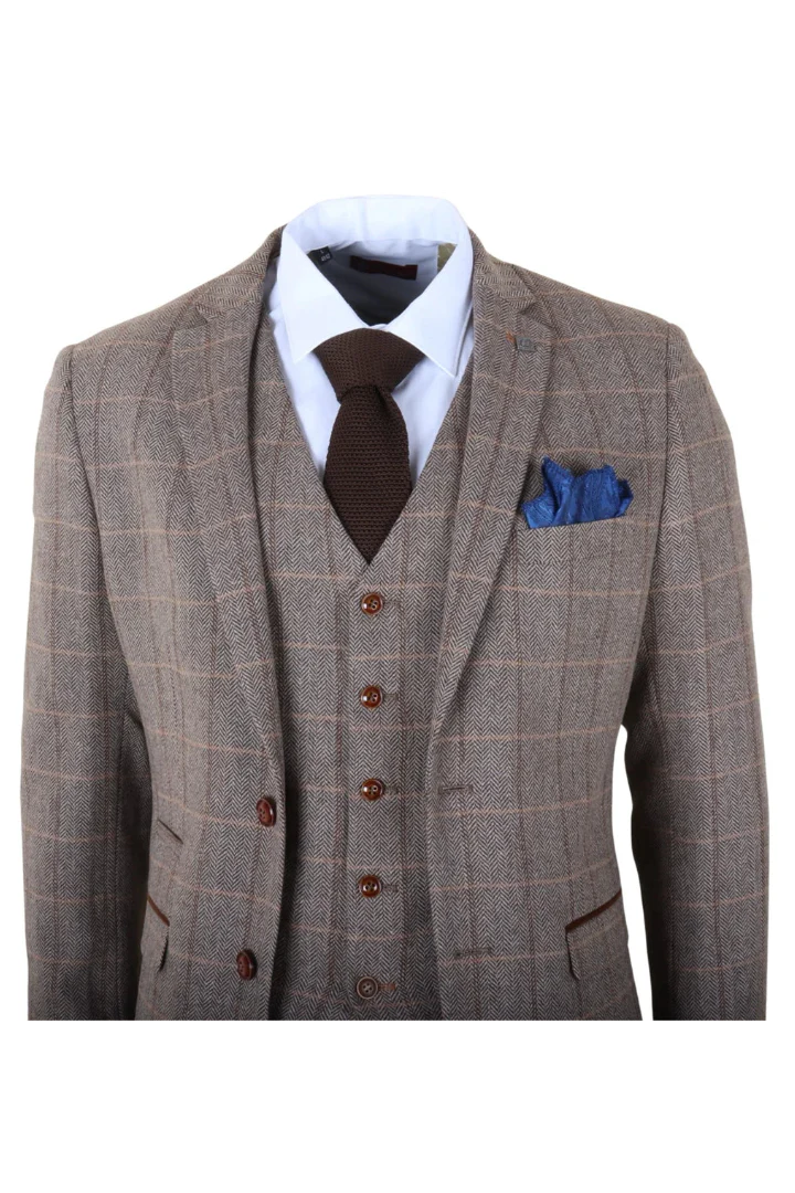 Harris - Men's Brown 3 Piece Herringbone Check Tweed Suit