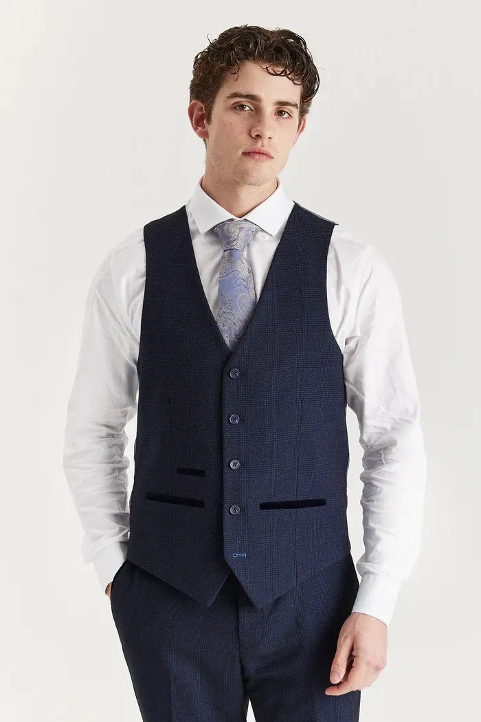 Regent - Men's Navy 3 Piece Prince Of Wales Checked Suit