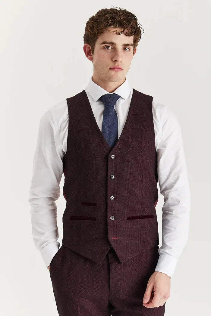 Regent - Men's Wine 3 Piece Prince Of Wales Checked Suit