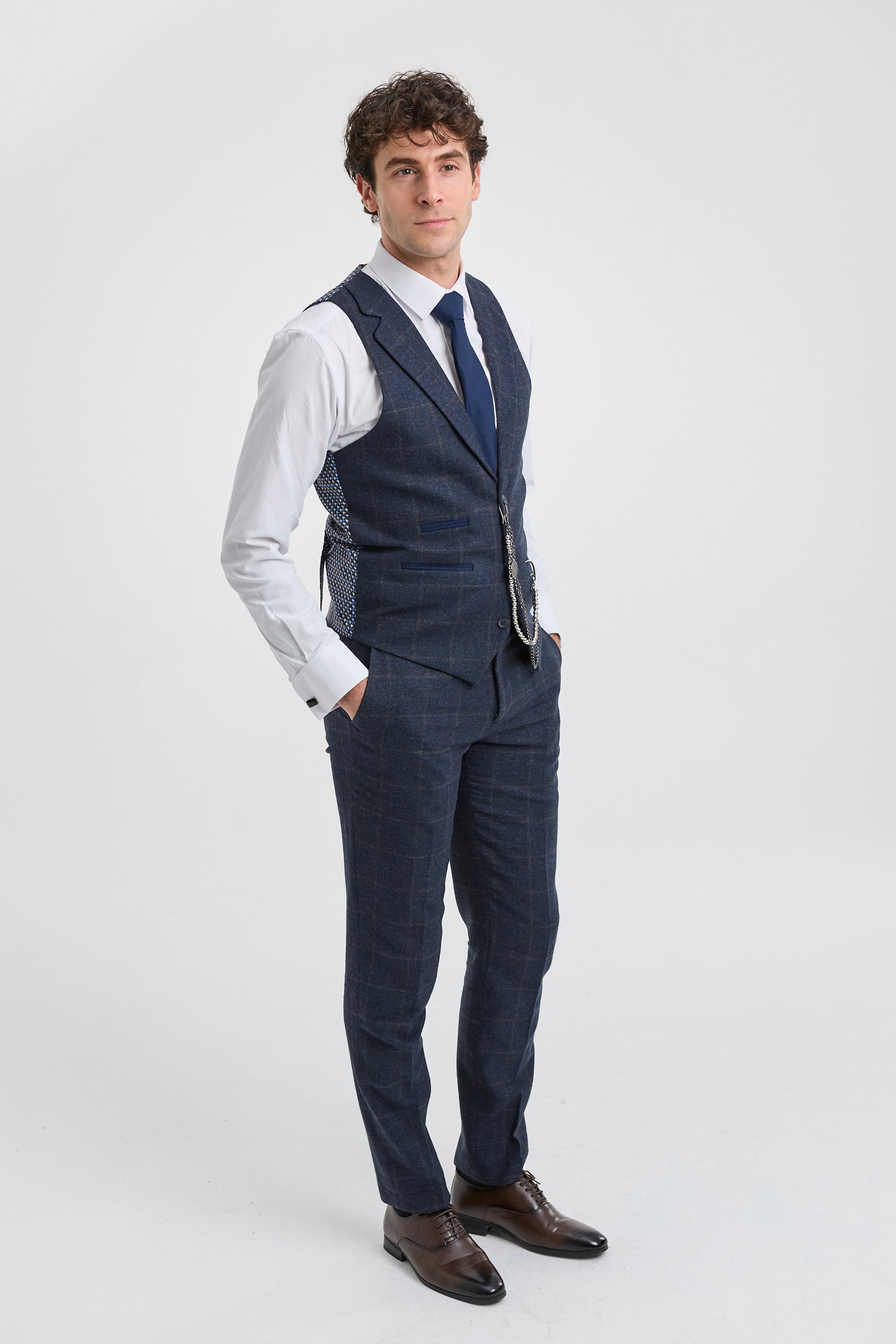 Men's 3 Piece Suit Wool Tweed Navy Blue Brown Check 1920s Gatsby