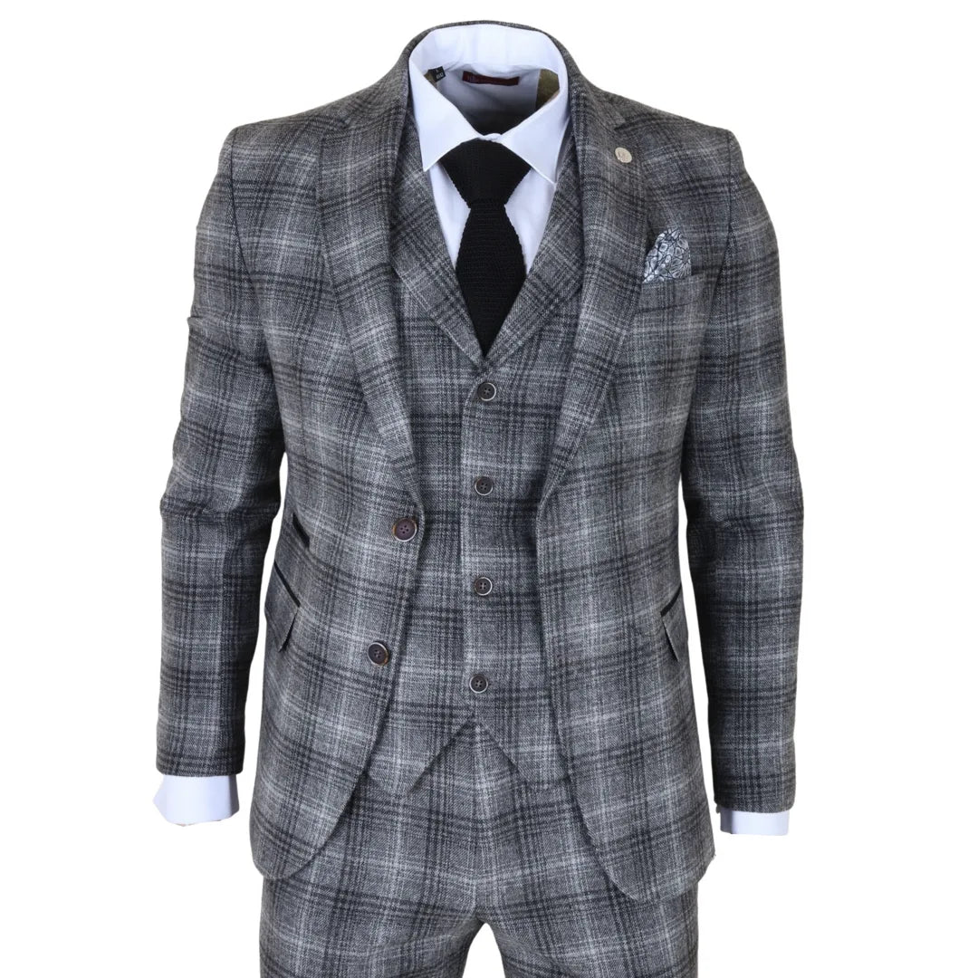Men's Grey Tweed Check 3 Piece Suit