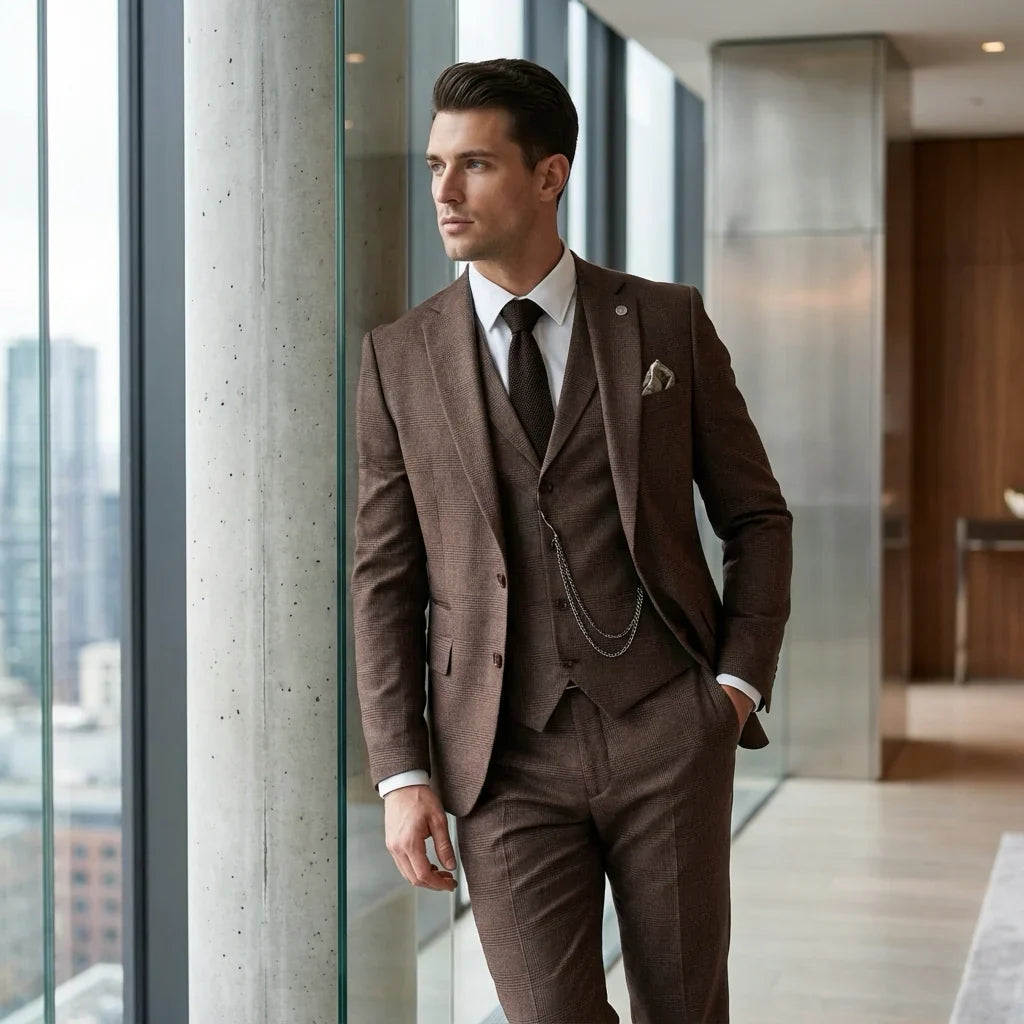 TP-50 - Men's Brown 3 Piece Prince Of Wales Check Suit