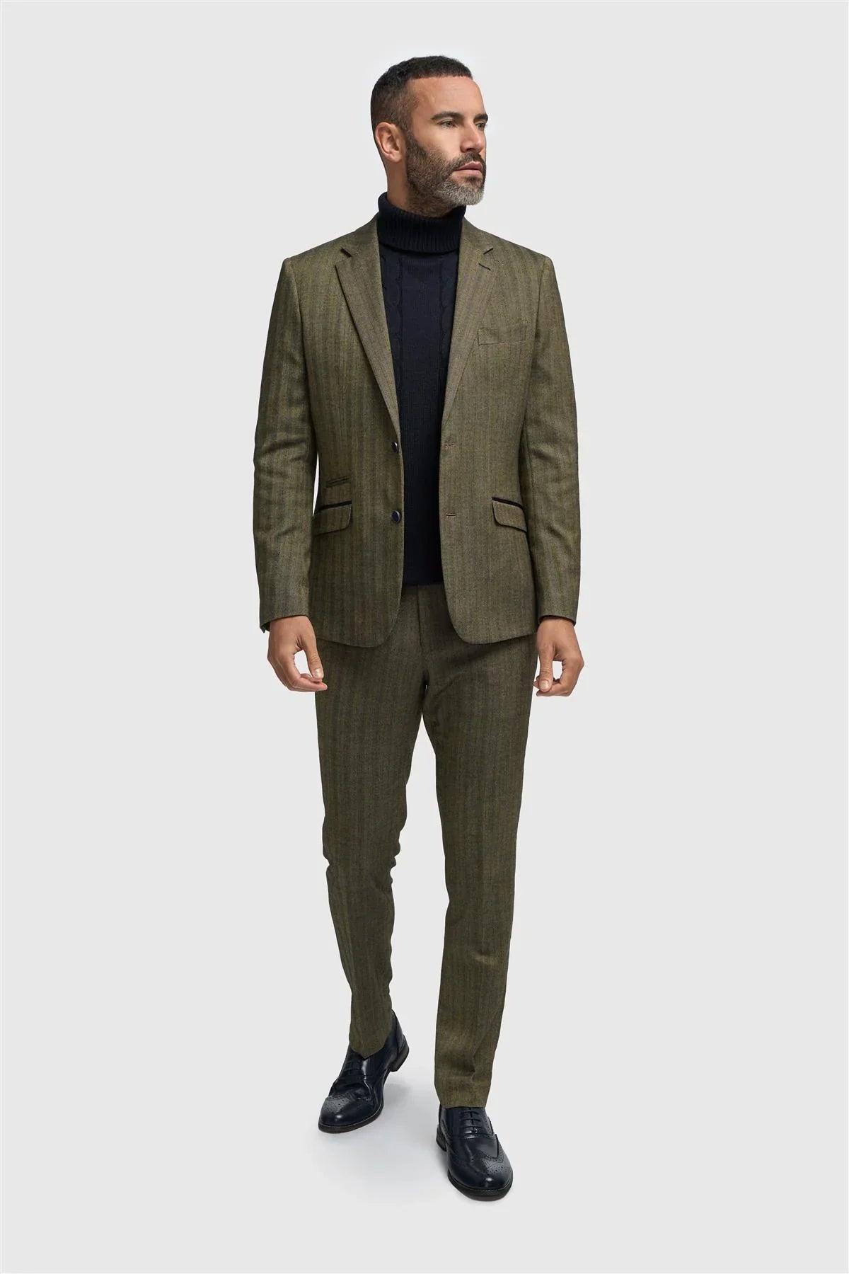 Men's Olive Green 3 Piece Herringbone Tweed Suit