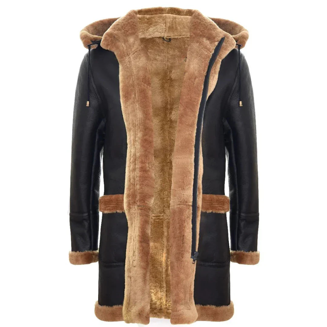 Men's Shearling Sheepskin Duffle Coat WW2 UK Winter 3/4 Hood Brown Ginger