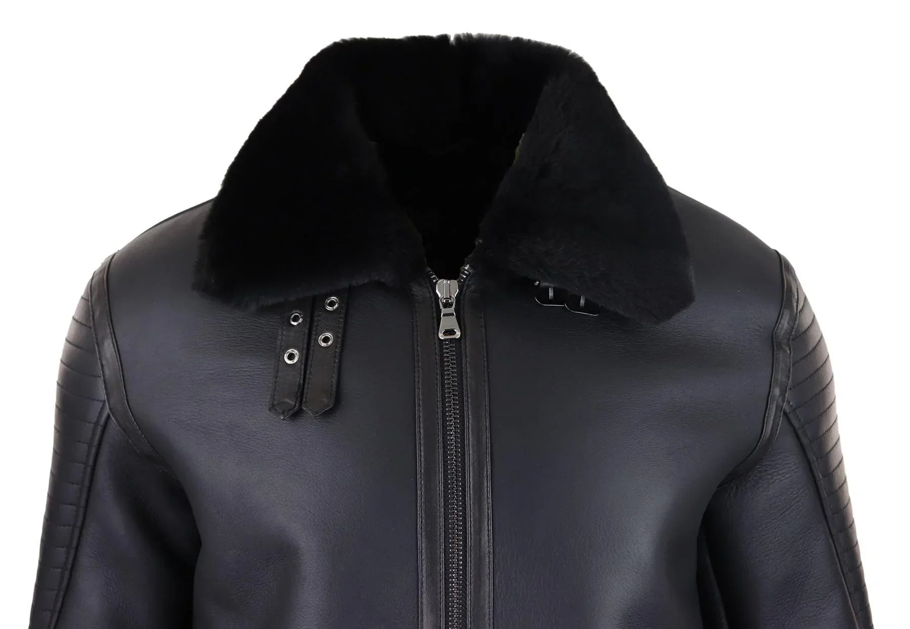 Mens Black Real Sheepskin Flying Jacket Zipped WW2 Pilot Black Winter Warm Coat