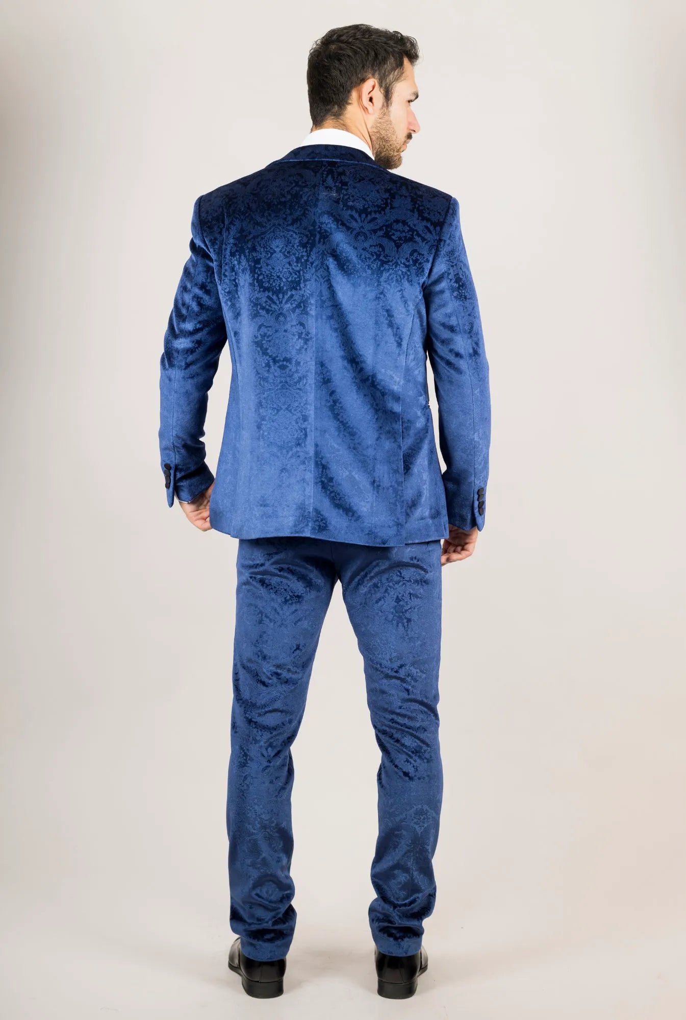 AK-27 Men's Blue 3-Piece Velvet Wedding Tuxedo with Black Satin Lapels