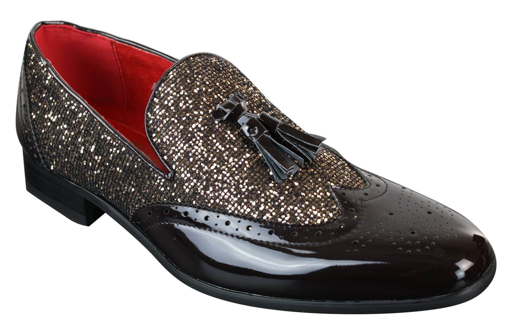 Mens Smart Party Shiny Tassle Shoes Red Silver Black Slip On Patent Leather
