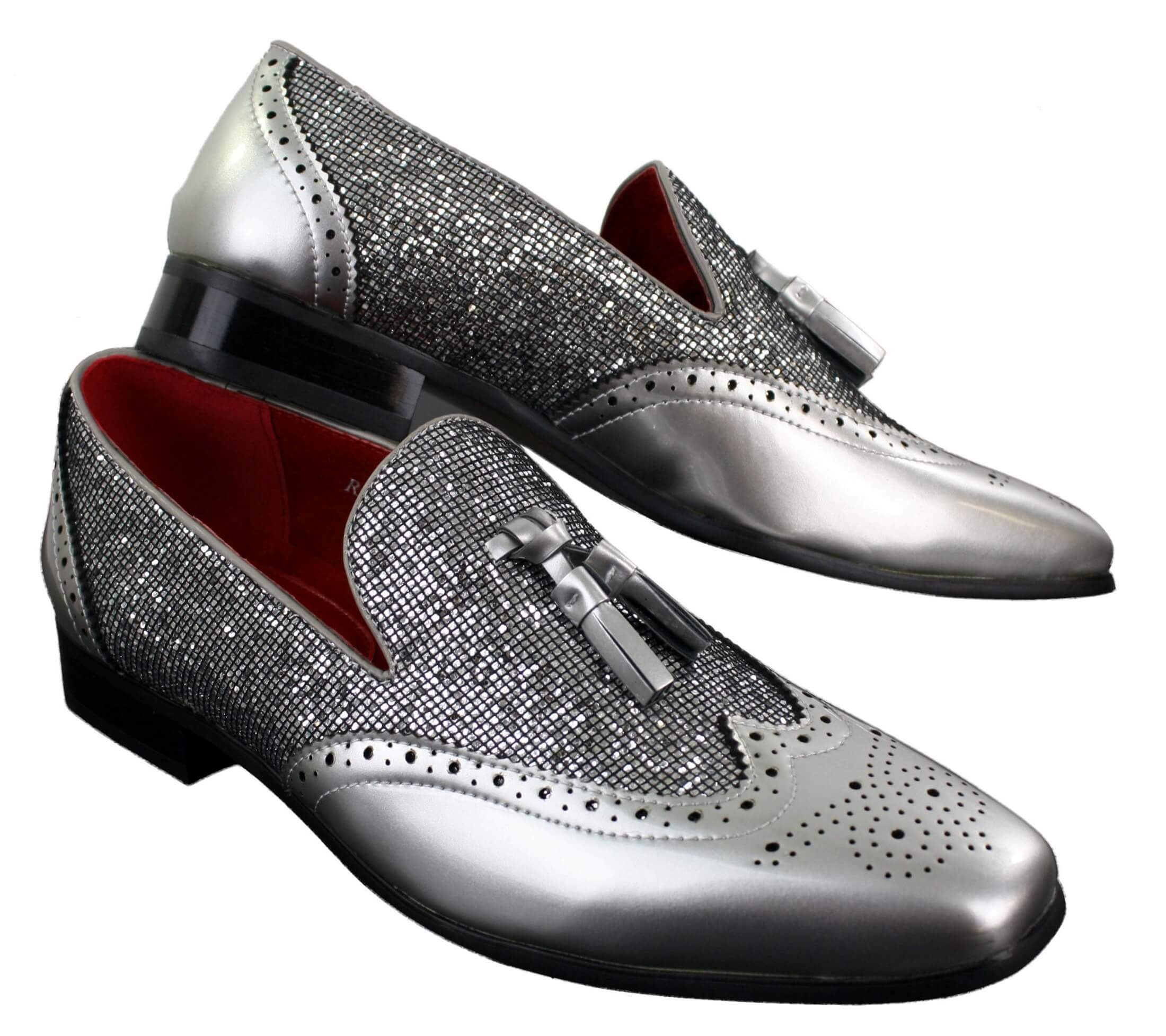 Mens Smart Party Shiny Tassle Shoes Red Silver Black Slip On Patent Leather