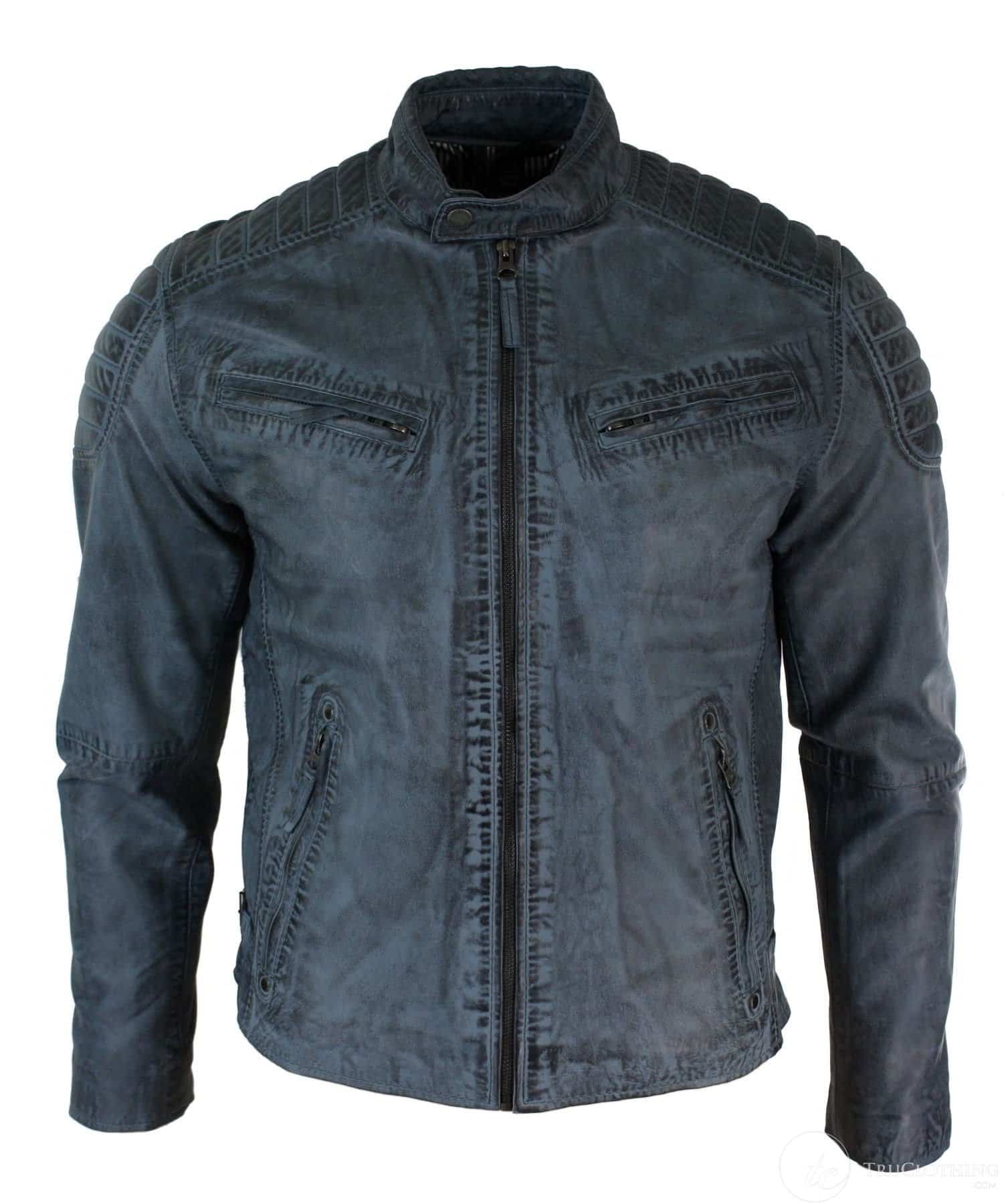 Real Washed Leather Slim Fit Retro Style Zipped Mens Biker Jacket Tan Brown Blue Urban-Zulu Blue