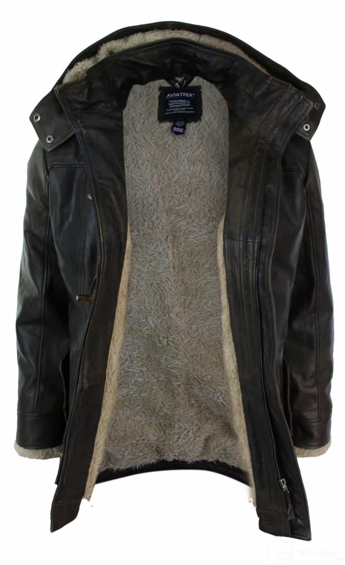 Mens Real Leather Hood Duffle Safari Jacket Long 3/4 Fur Washed Timber Brown Tan-Brown