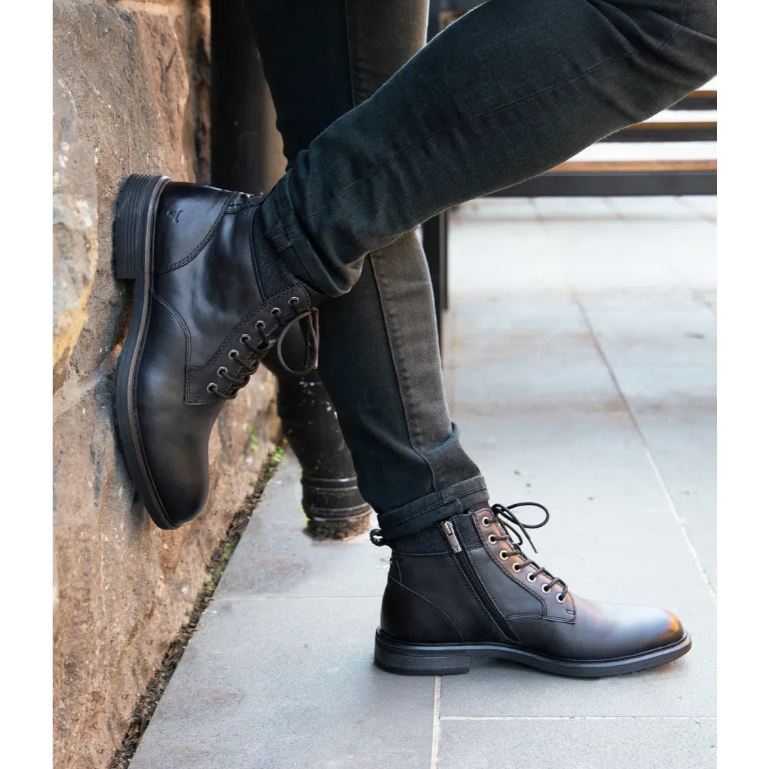 Beau - Men's Black Lace Up Side Zip Leather Chelsea Boots