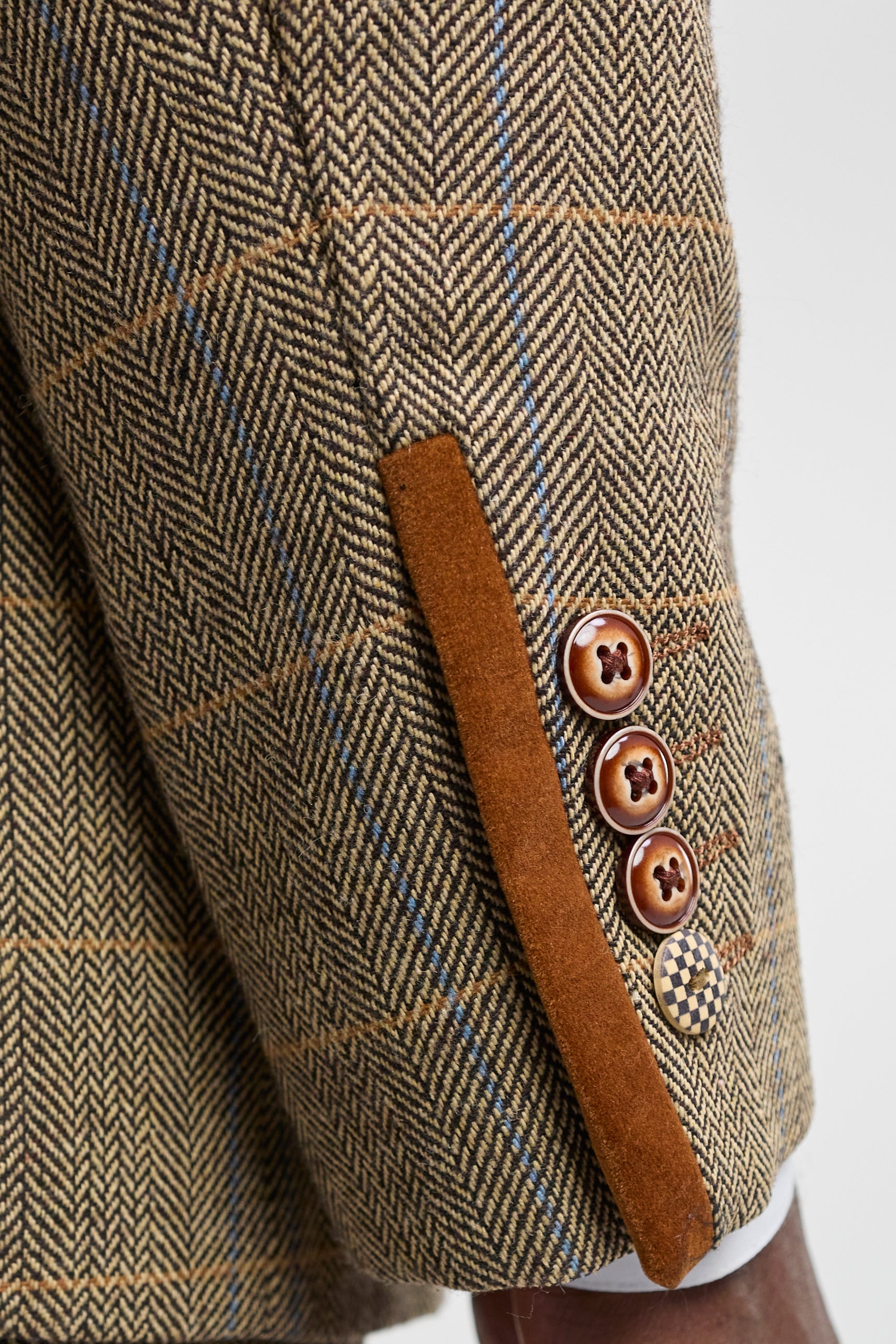 Mens 3 Piece Herringbone Tweed Tan Brown Check Suit Tailored Fit Double Classic