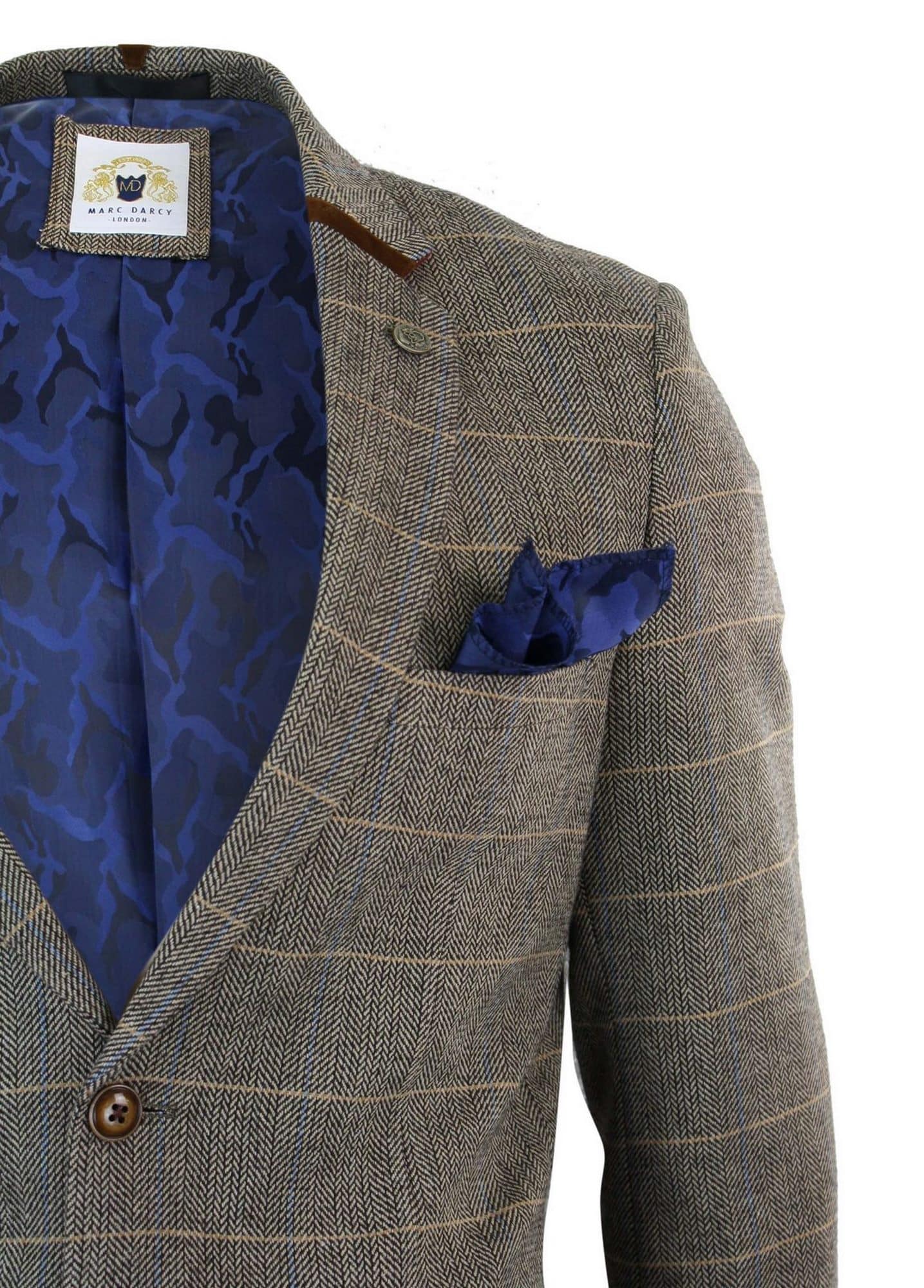 Mens Herringbone Tweed Marc Darcy Tan Brown Slim Fit 2 Button Blazer Check Jacket
