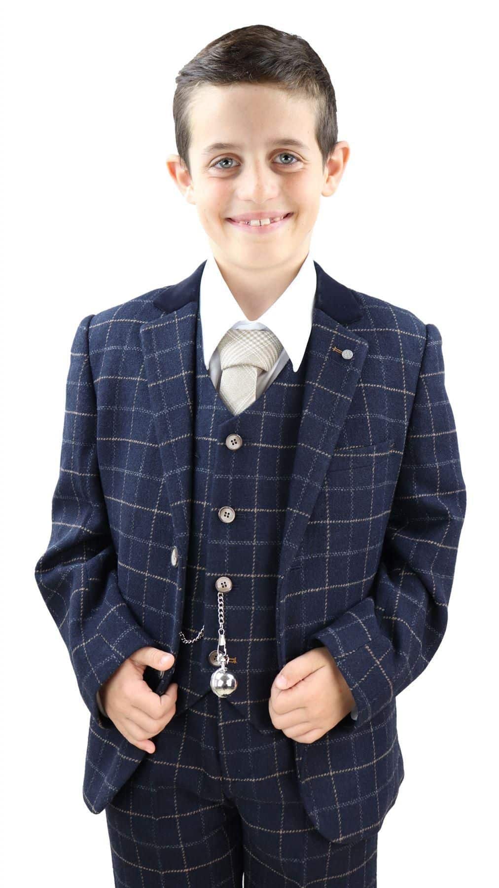 Boys Navy-Blue Check 3 Piece Suit - 1920s Vintage Suit Shelby
