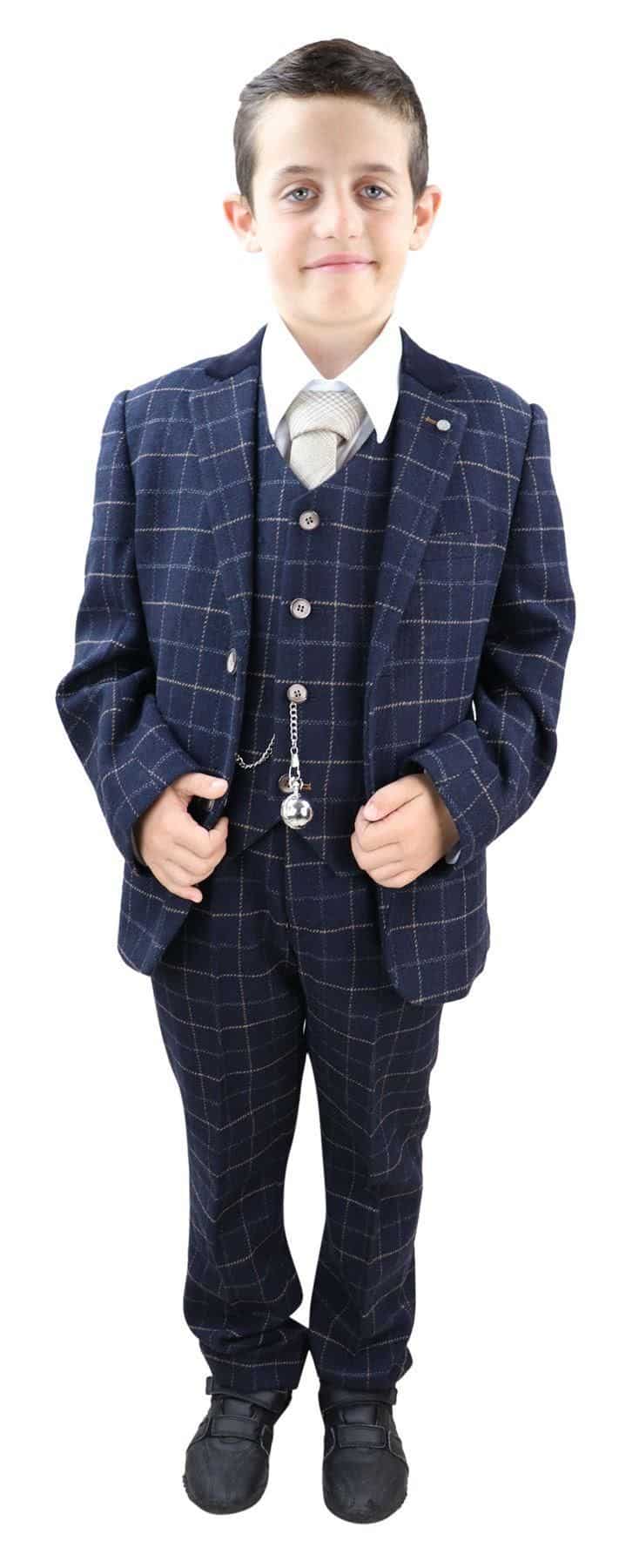 Boys Navy-Blue Check 3 Piece Suit - 1920s Vintage Suit Shelby
