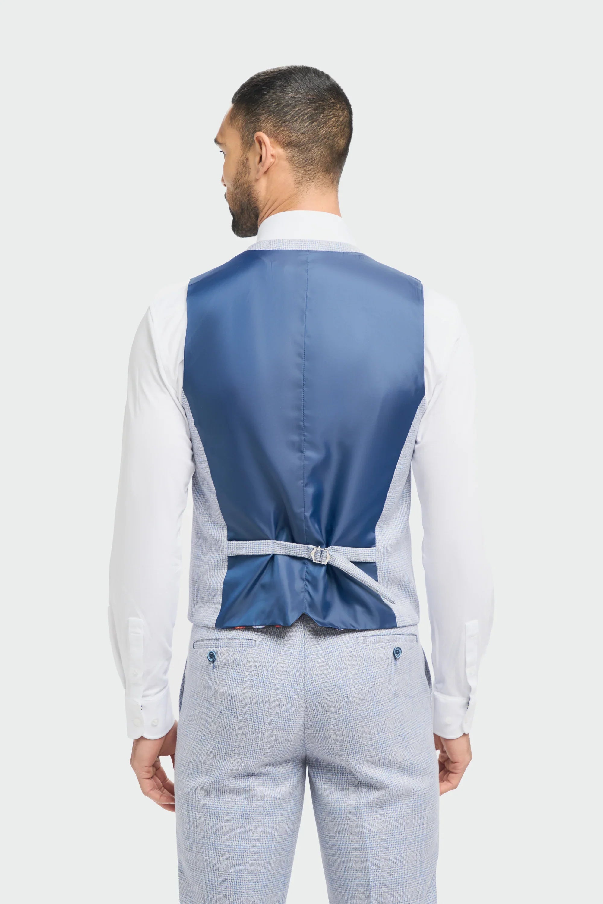 Mens 3 Piece Check Suit Tweed Light Blue Tailored Fit Wedding Peaky Classic
