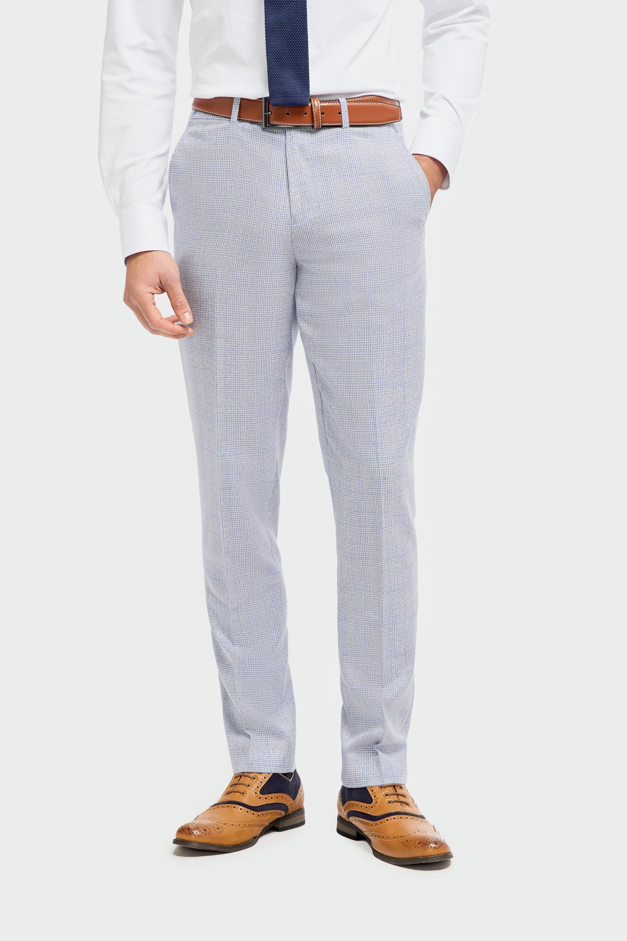 Mens 3 Piece Check Suit Tweed Light Blue Tailored Fit Wedding Peaky Classic