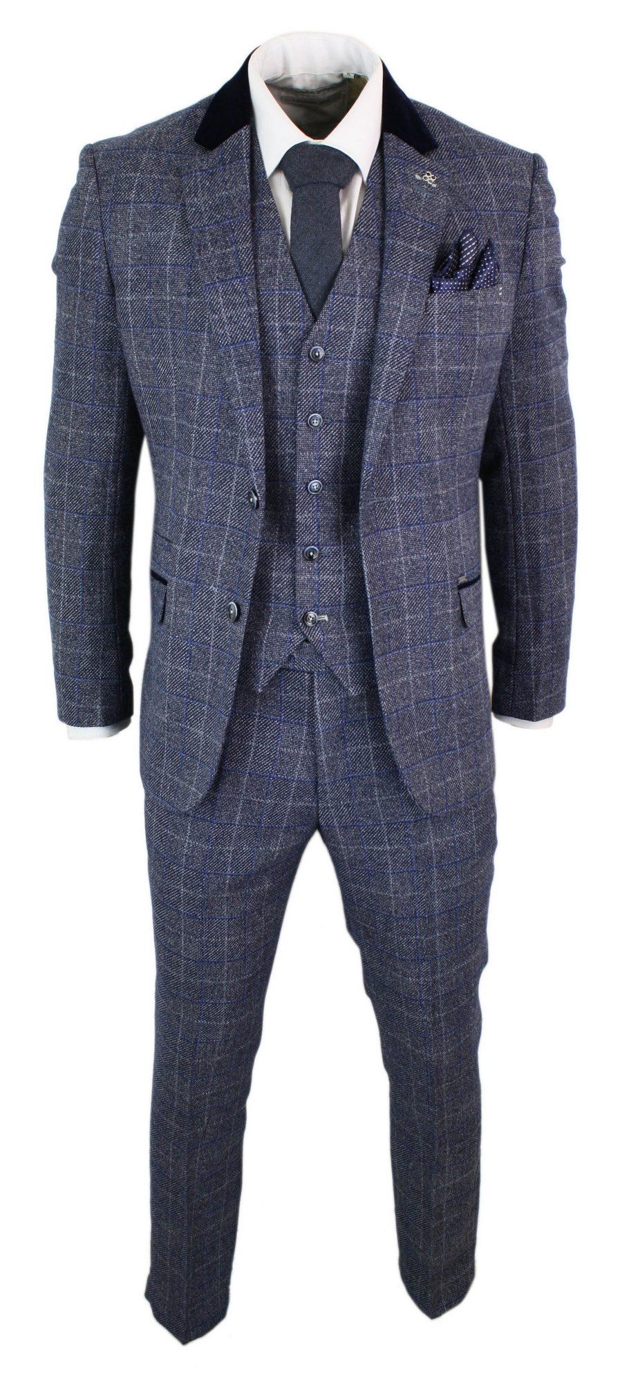 Cavani Miles - Mens Blue Navy 3 Piece Tweed Suit Herringbone Vintage 1920s Vintage 1920's Retro
