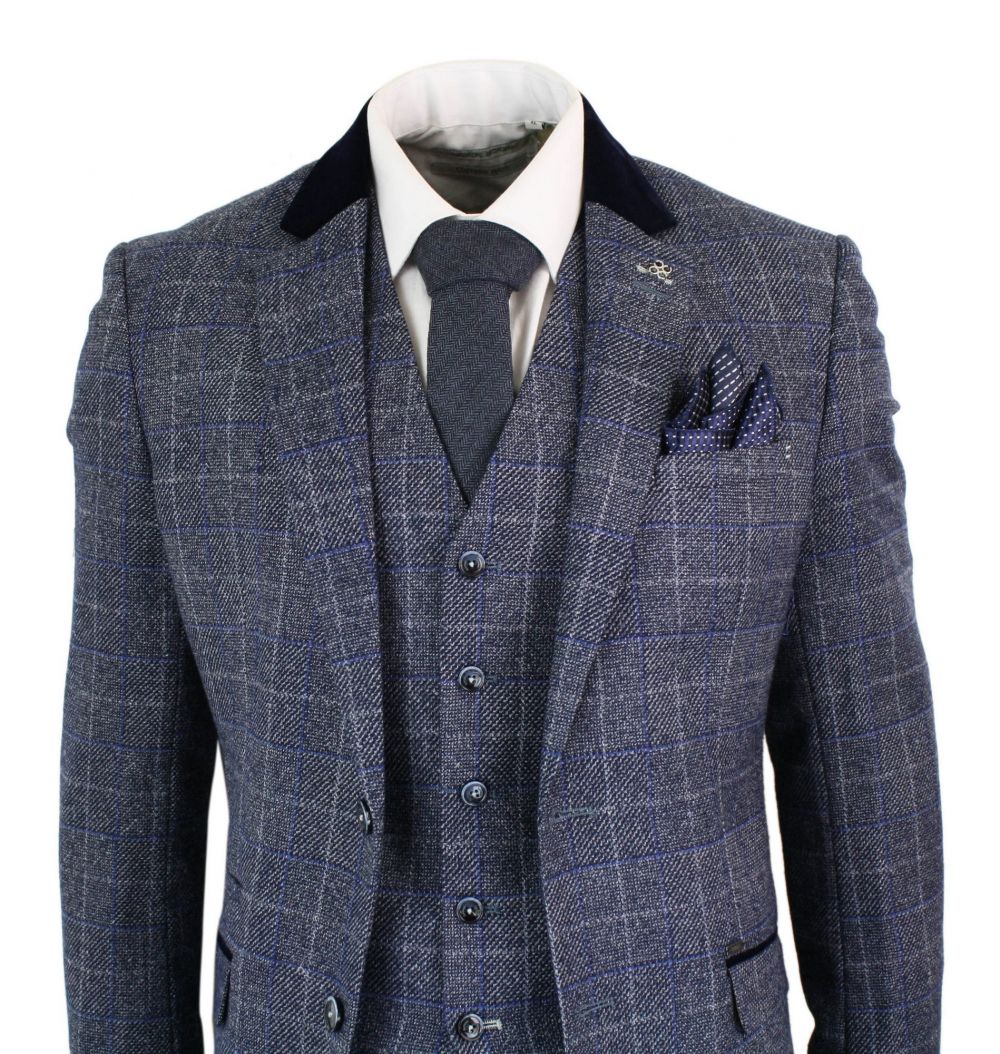 Cavani Miles - Mens Blue Navy 3 Piece Tweed Suit Herringbone Vintage 1920s Vintage 1920's Retro