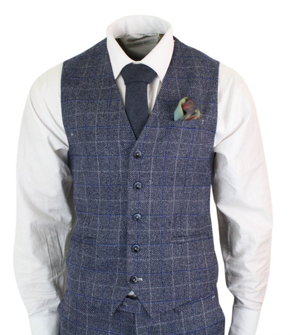 Cavani Miles - Mens Blue Navy 3 Piece Tweed Suit Herringbone Vintage 1920s Vintage 1920's Retro