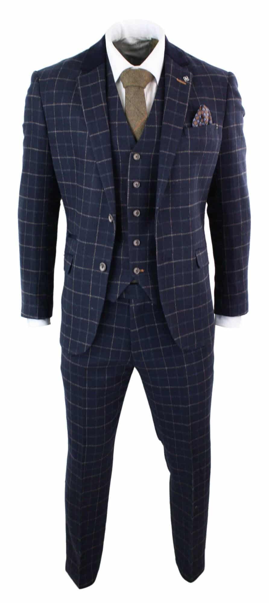 Cavani Shelby - Mens Navy Blue 3 Piece Herringbone Check Suit Vintage Retro 1920s Vintage Tweed
