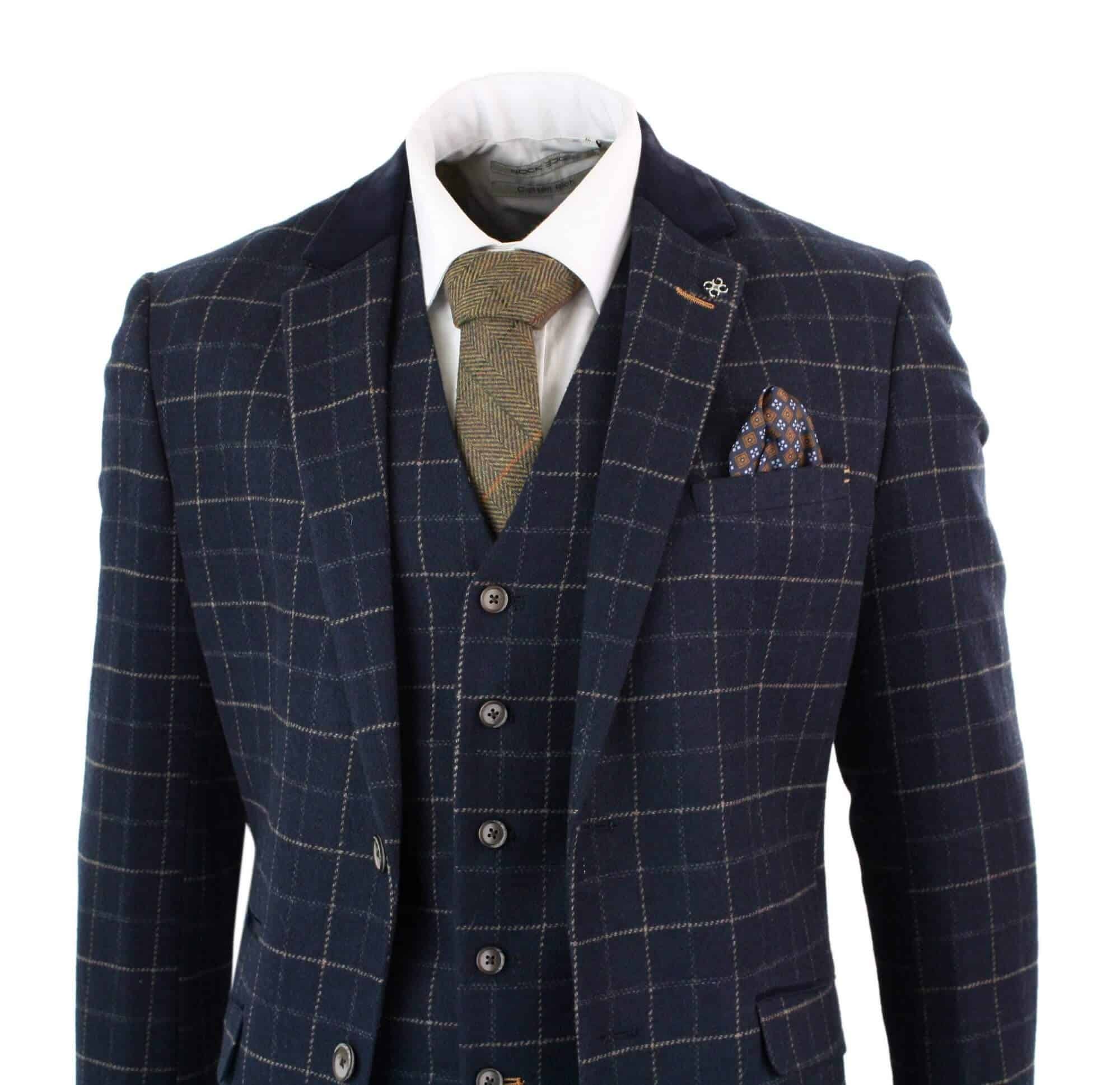 Cavani Shelby - Mens Navy Blue 3 Piece Herringbone Check Suit Vintage Retro 1920s Vintage Tweed