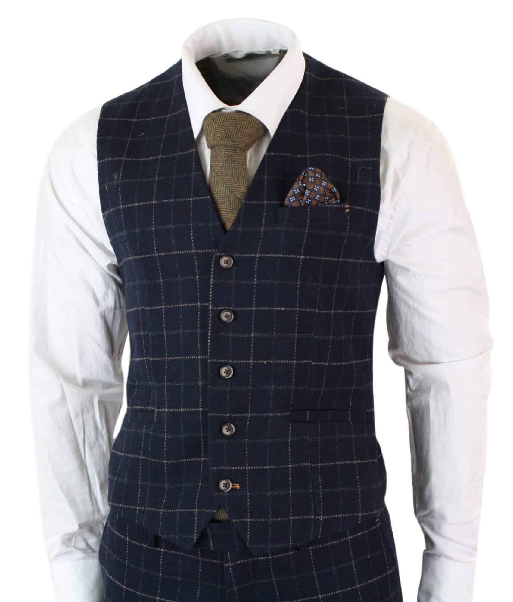 Cavani Shelby - Mens Navy Blue 3 Piece Herringbone Check Suit Vintage Retro 1920s Vintage Tweed