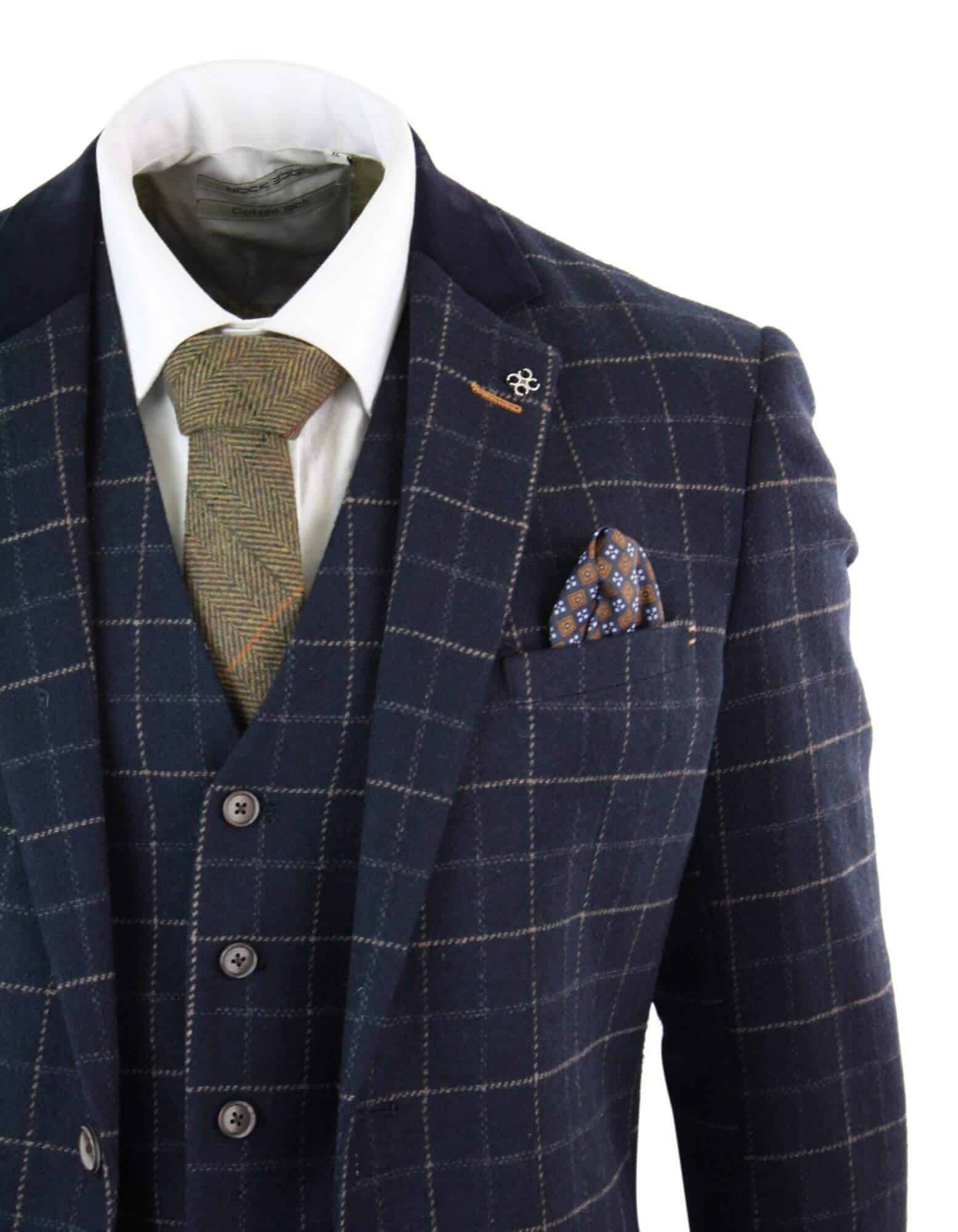 Cavani Shelby - Mens Navy Blue 3 Piece Herringbone Check Suit Vintage Retro 1920s Vintage Tweed