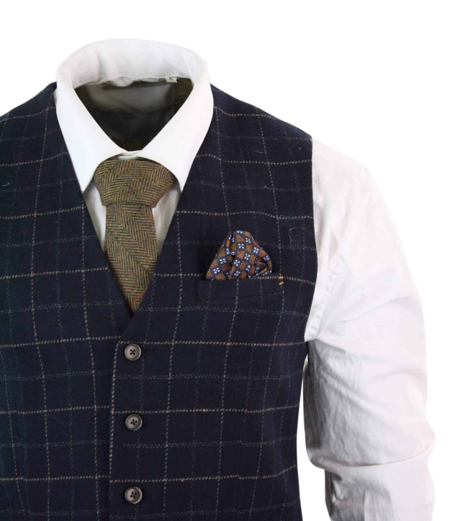 Cavani Shelby - Mens Navy Blue 3 Piece Herringbone Check Suit Vintage Retro 1920s Vintage Tweed