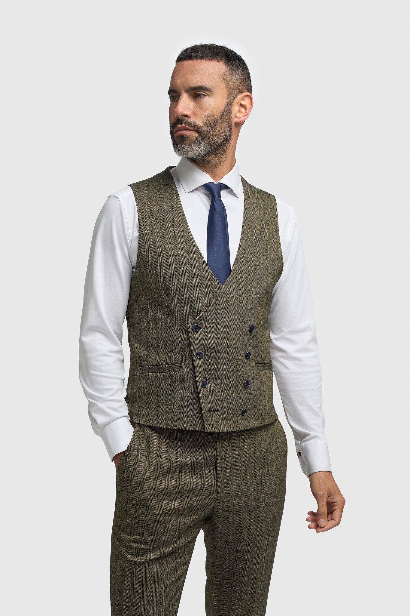 Men's Olive Green 3 Piece Herringbone Tweed Suit