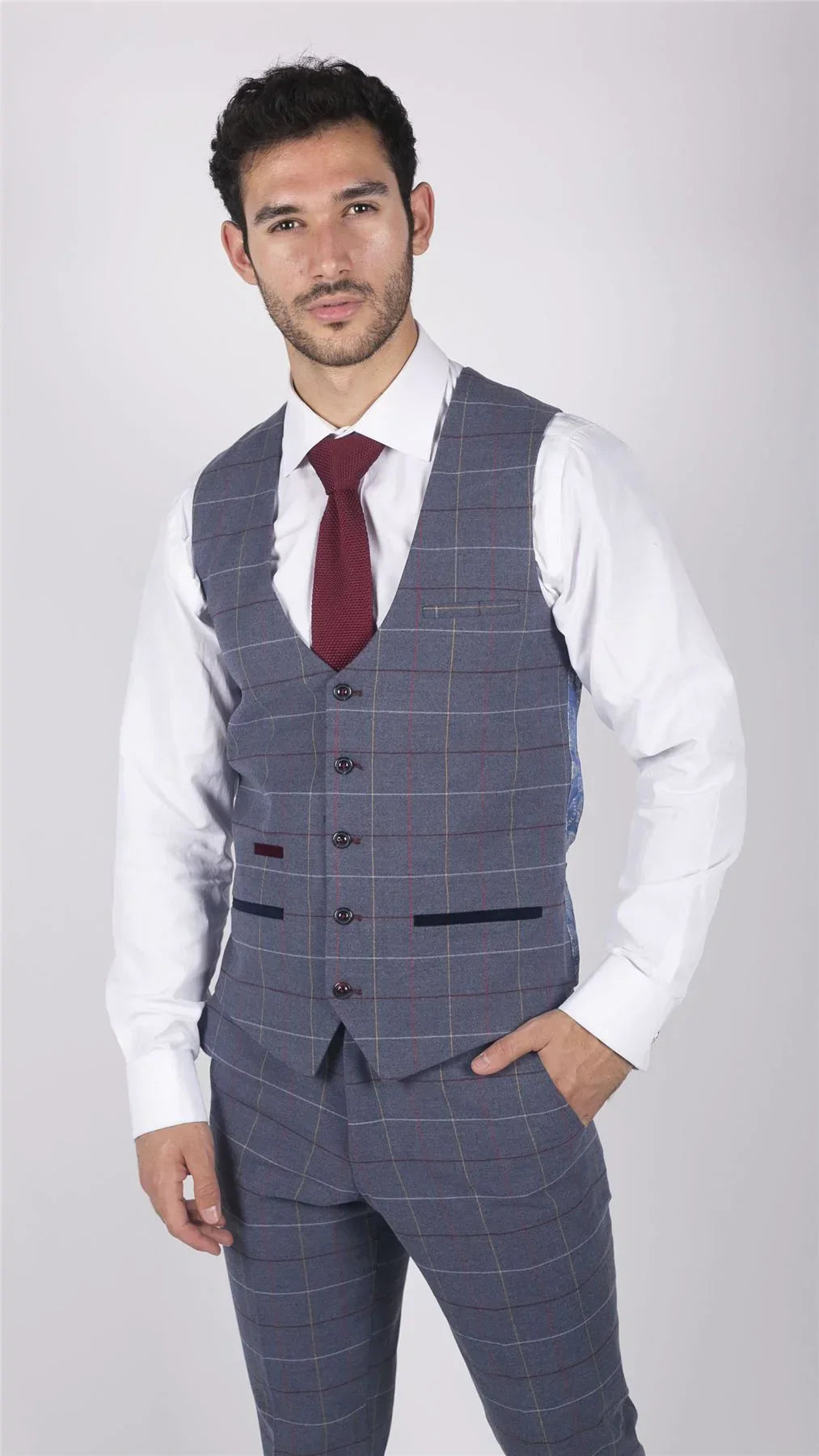 Mens Marc Darcy Blue Grey Red Check 3 Piece Suit Smart Casual Tweed Slim Fit Drake